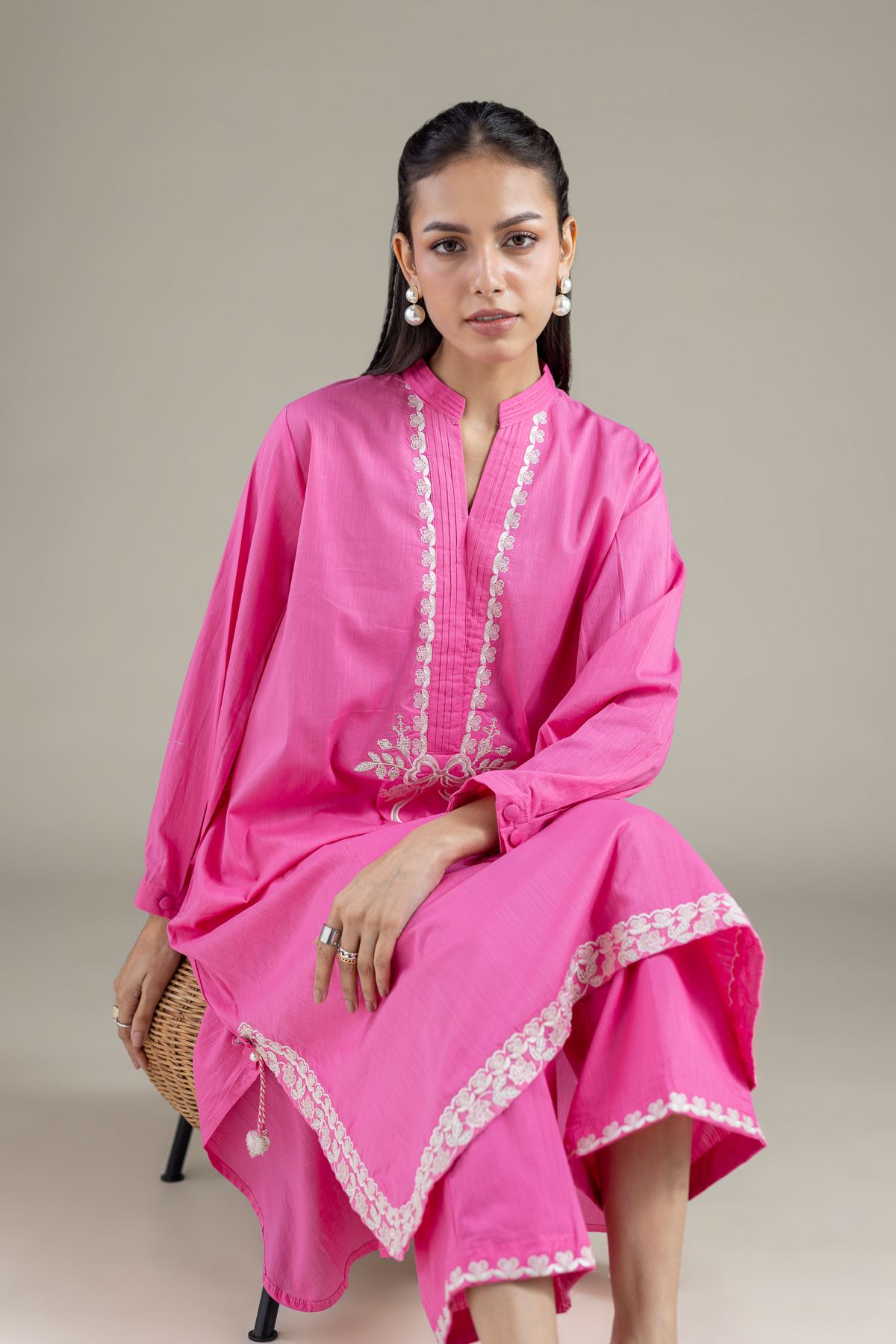 Embroidered Textured Cambric Longline Kurta - 1-26-137-A-B-VG