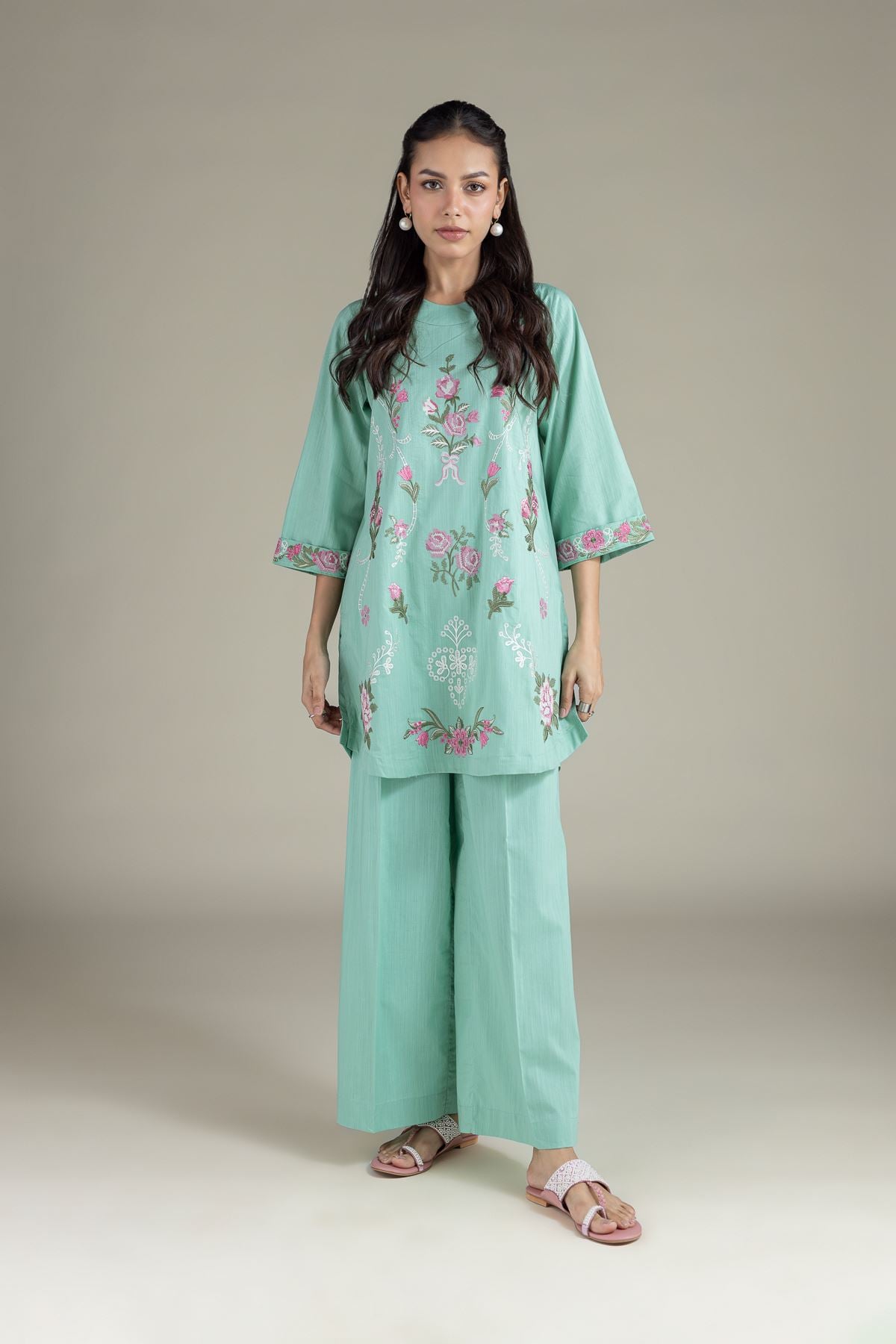 Embroidered Textured Cambric Relaxed Solid Pants - 1-26-129-A-D-VG