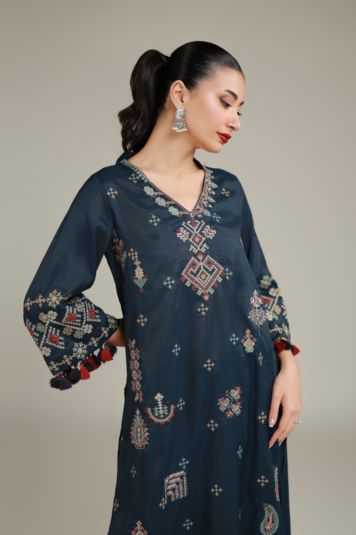 Embroidered Raw Silk Embroidered Navy Kurta - 2-26-108-F-D-VG