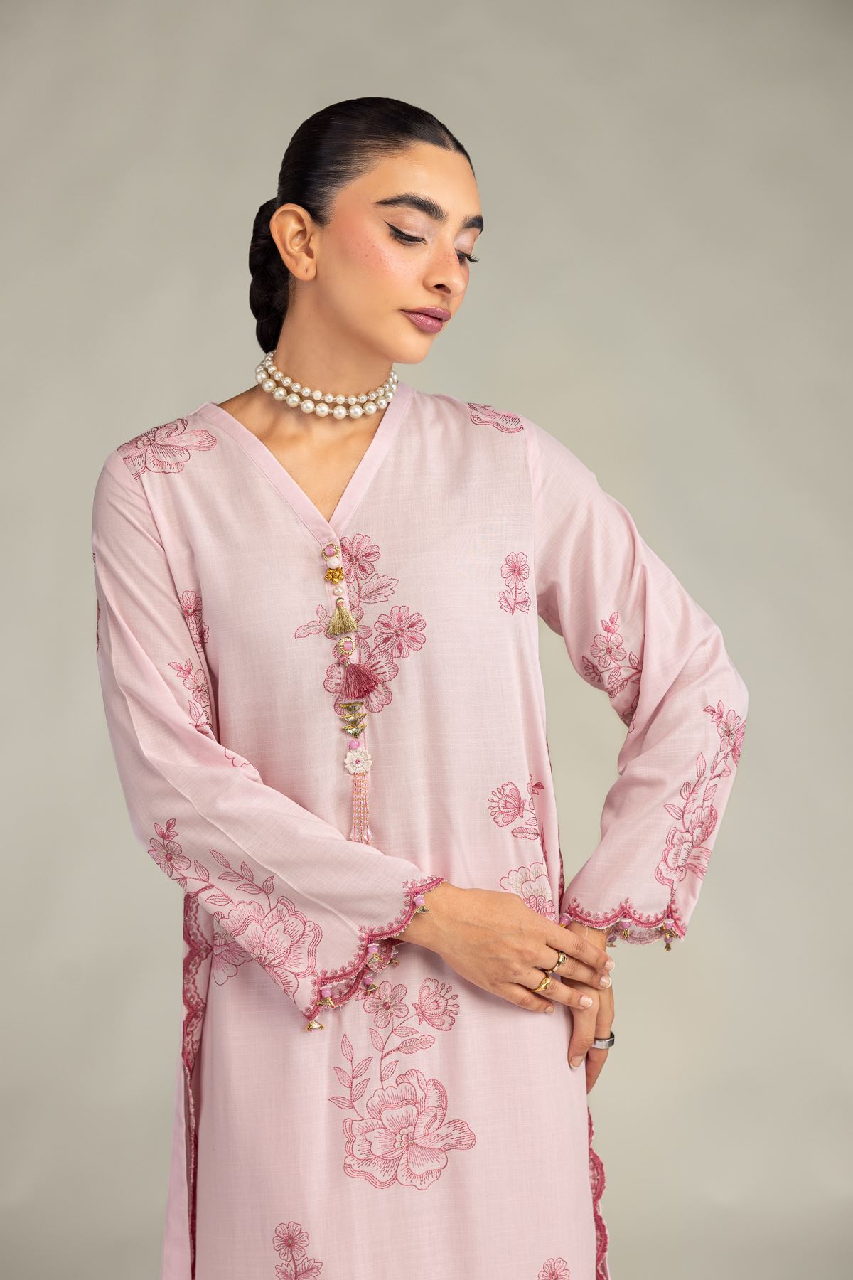 Embroidered Raw Silk Pink Longline Kurta - 1-26-322-B-A1-VG