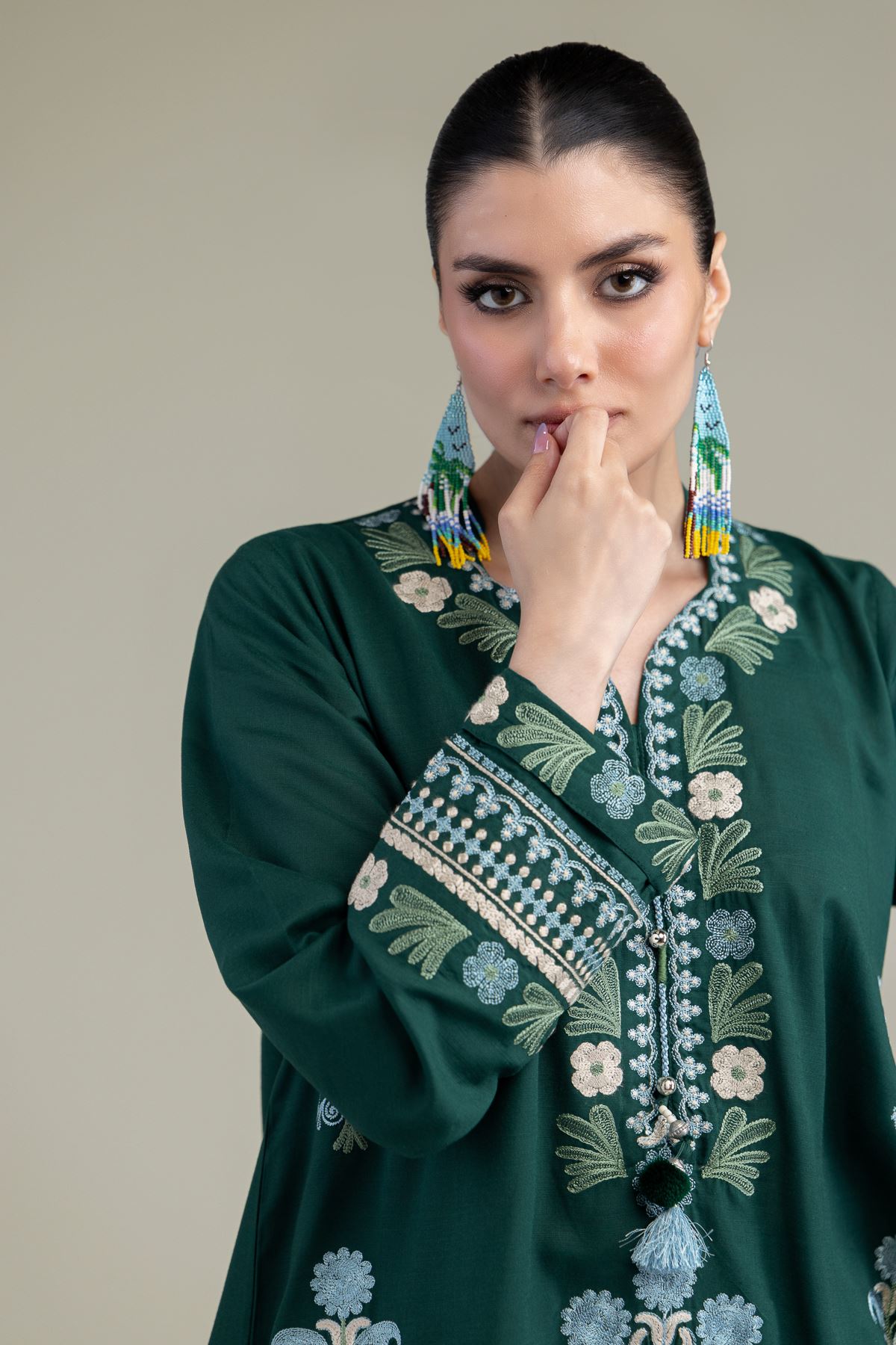 Embroidered Raw Silk Green V-Neck Kurta - 1-26-238-A-J1-VG