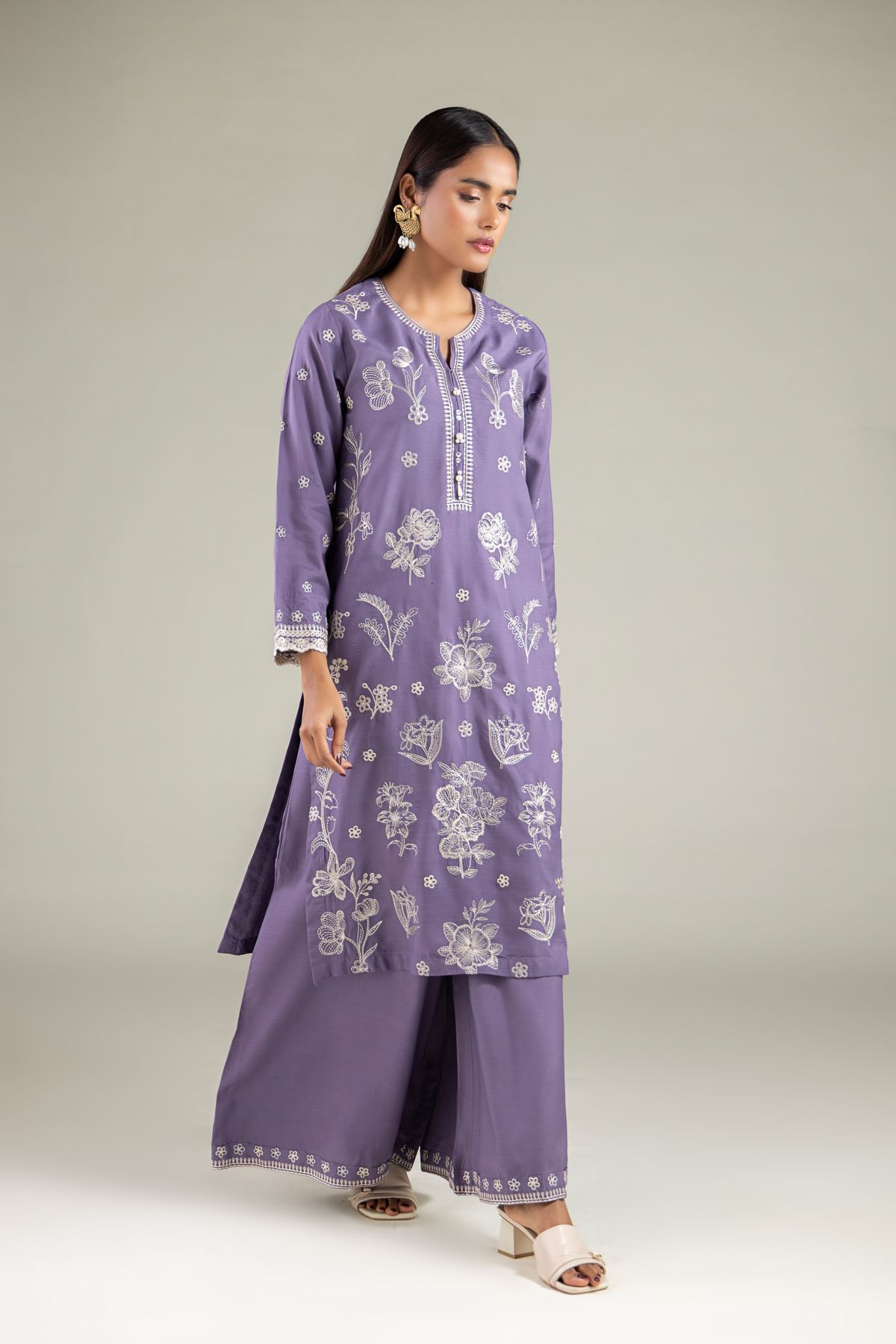 Embroidered Raw Silk Relaxed Floral Pants - 2-26-102-A-E-VG
