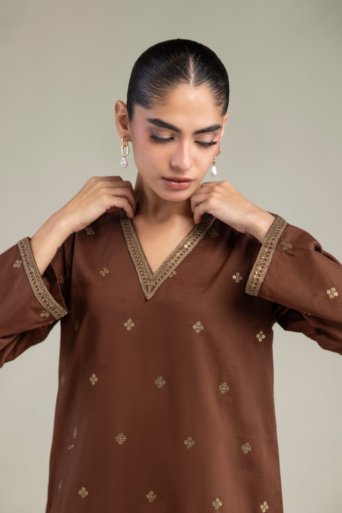 Embroidered Cambric Brown V-Neck Kurta - 1-26-102-A-F-VG