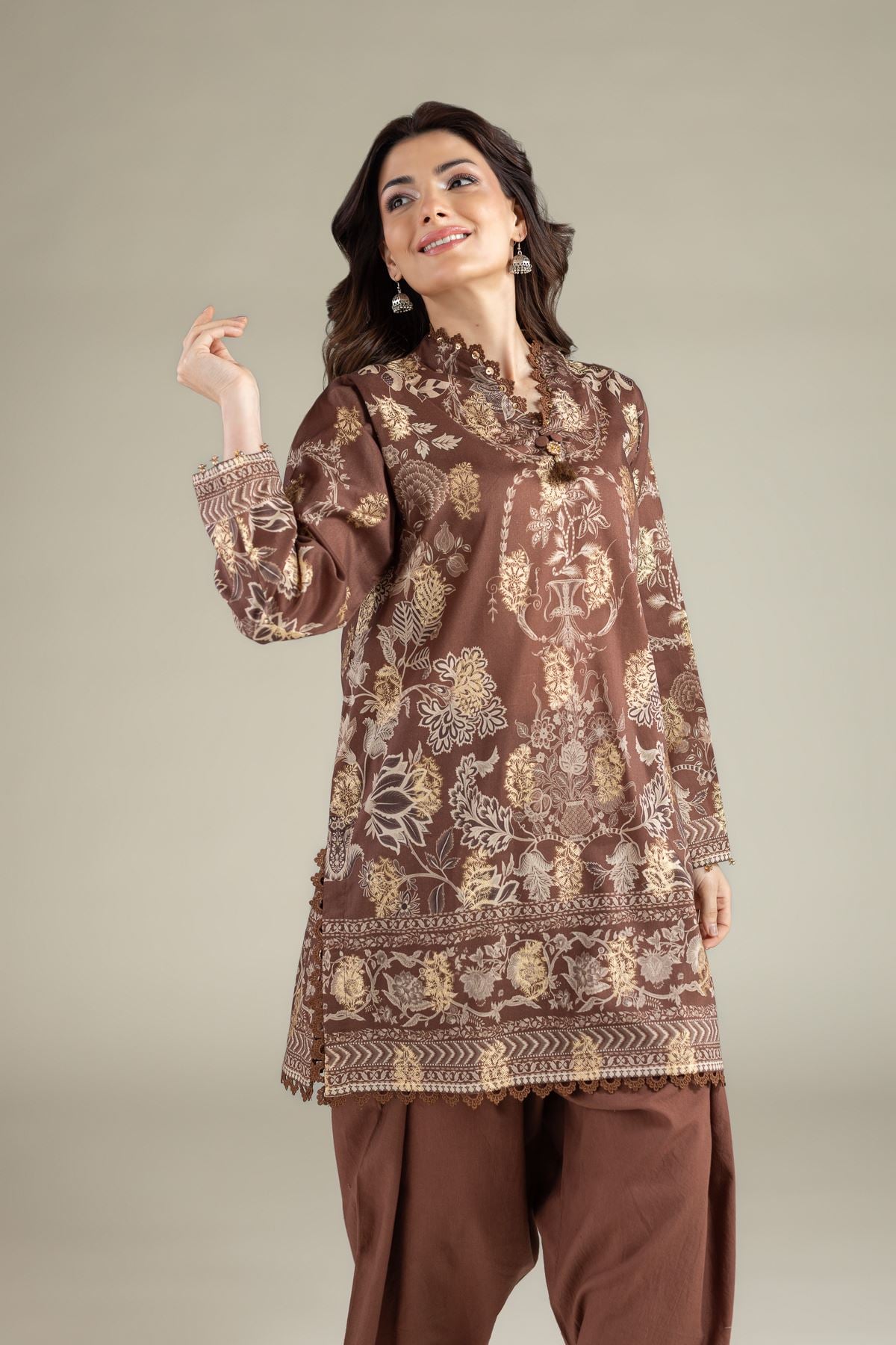 Printed Jacquard Brown Tailored Set - T-A113-26-110EB1-VG