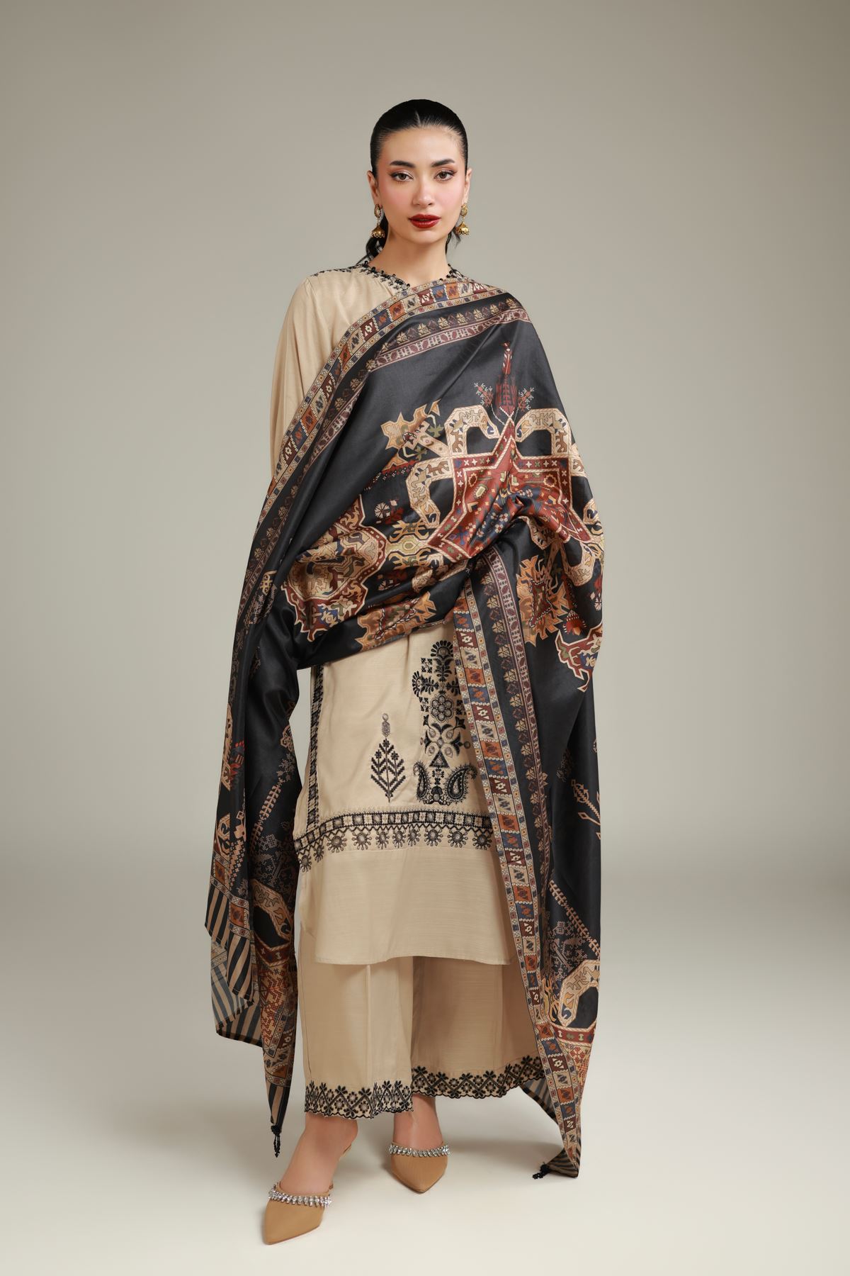Embroidered Polyester Silk Black Printed Dupatta - 2-26-106-A-E-VG