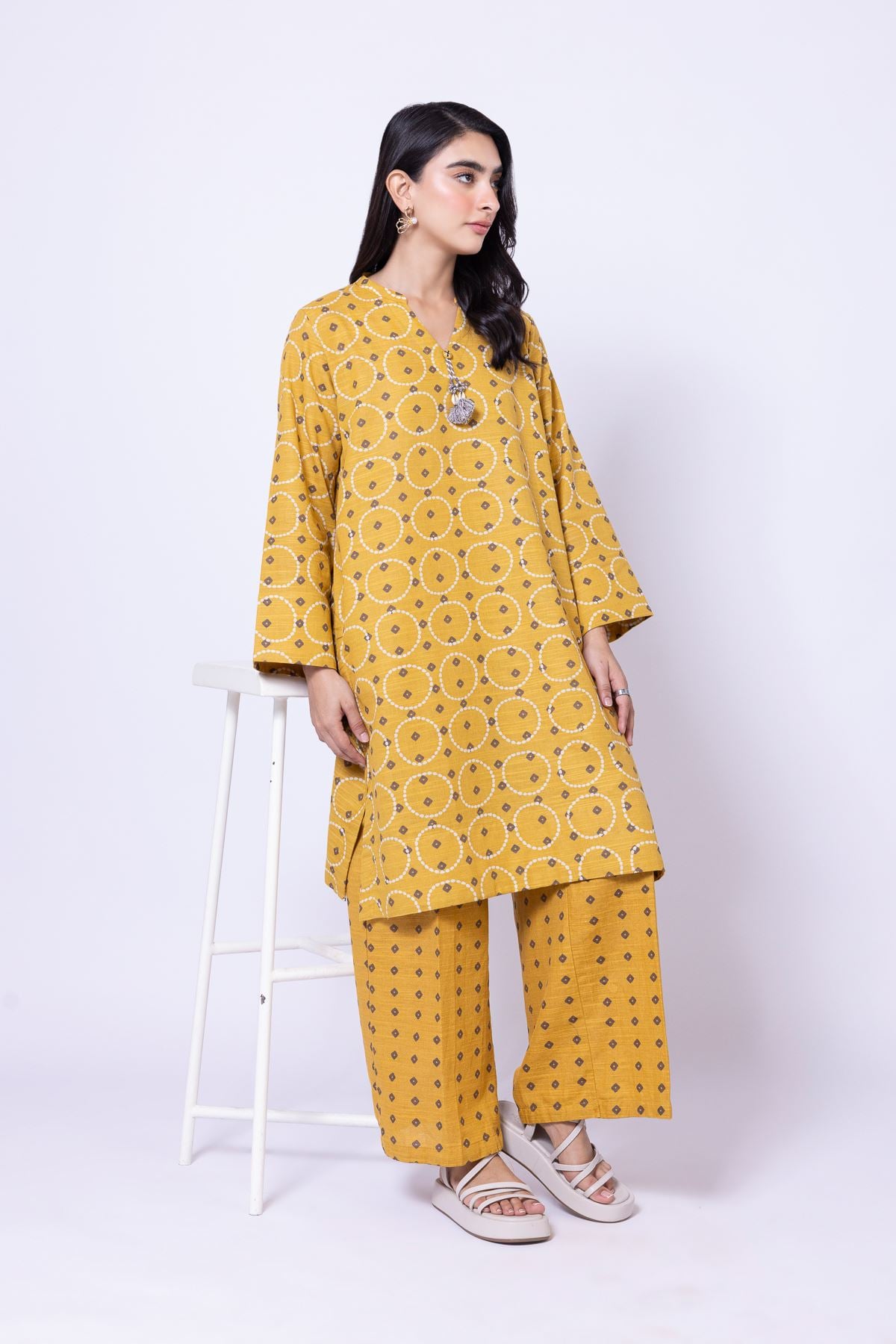 Printed Khaddar Geometric Relaxed Pants - 25-09-11E13-07TA-VG