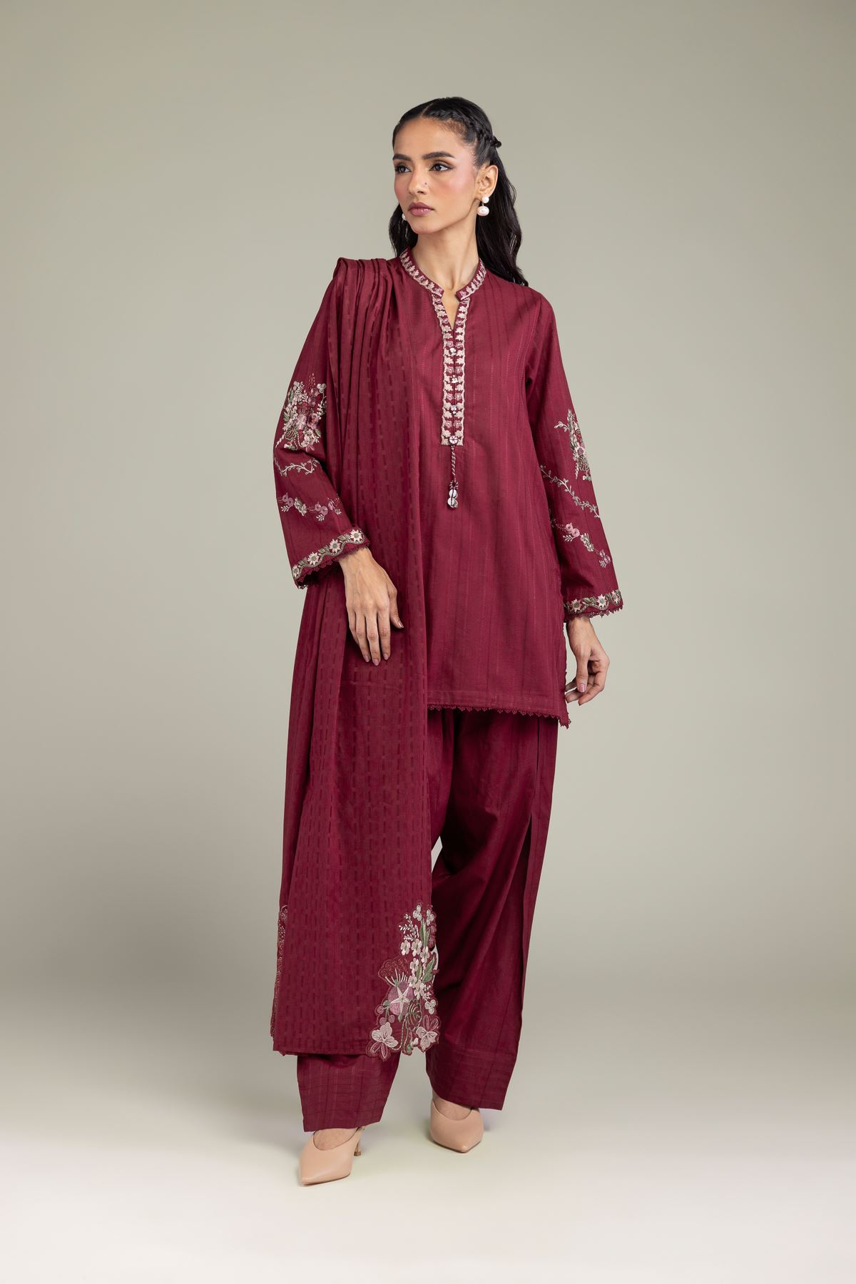 Embroidered Textured Cotton Floral Short Kurta - T-A11-26-114FF1-VG