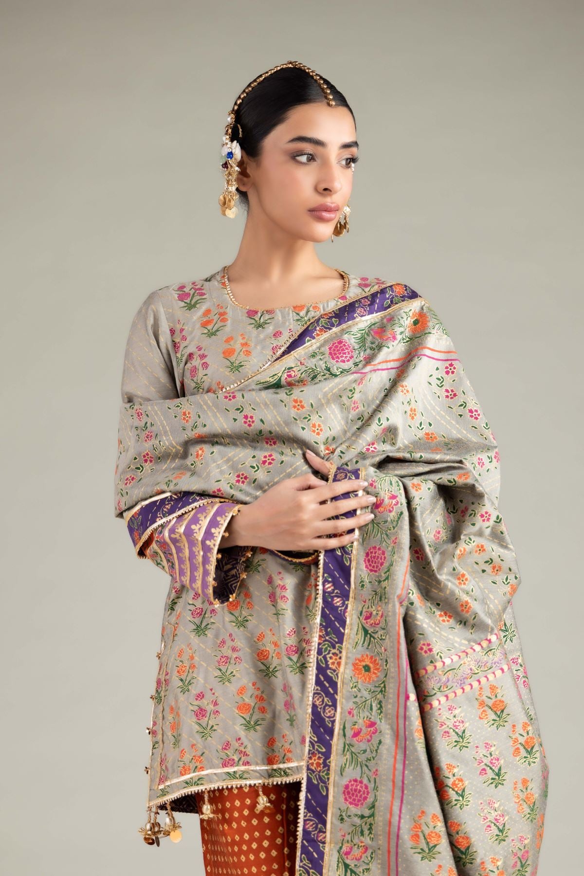 Printed Raw Silk 3 Piece Co-ord Set - 5-26-103-F-F-VG