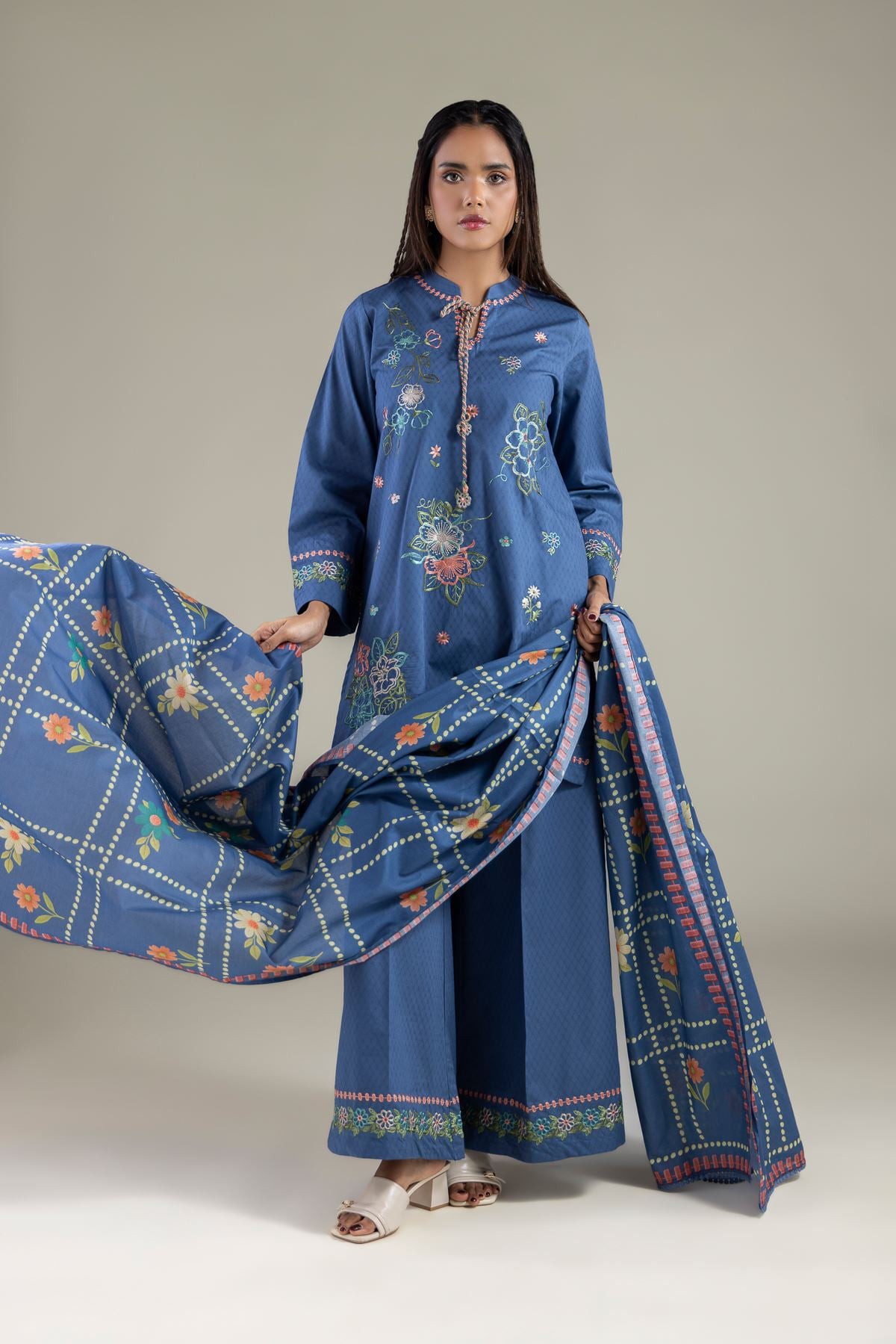 Embroidered Lawn Floral Geometric Dupatta - 1-26-114-A-E-VG