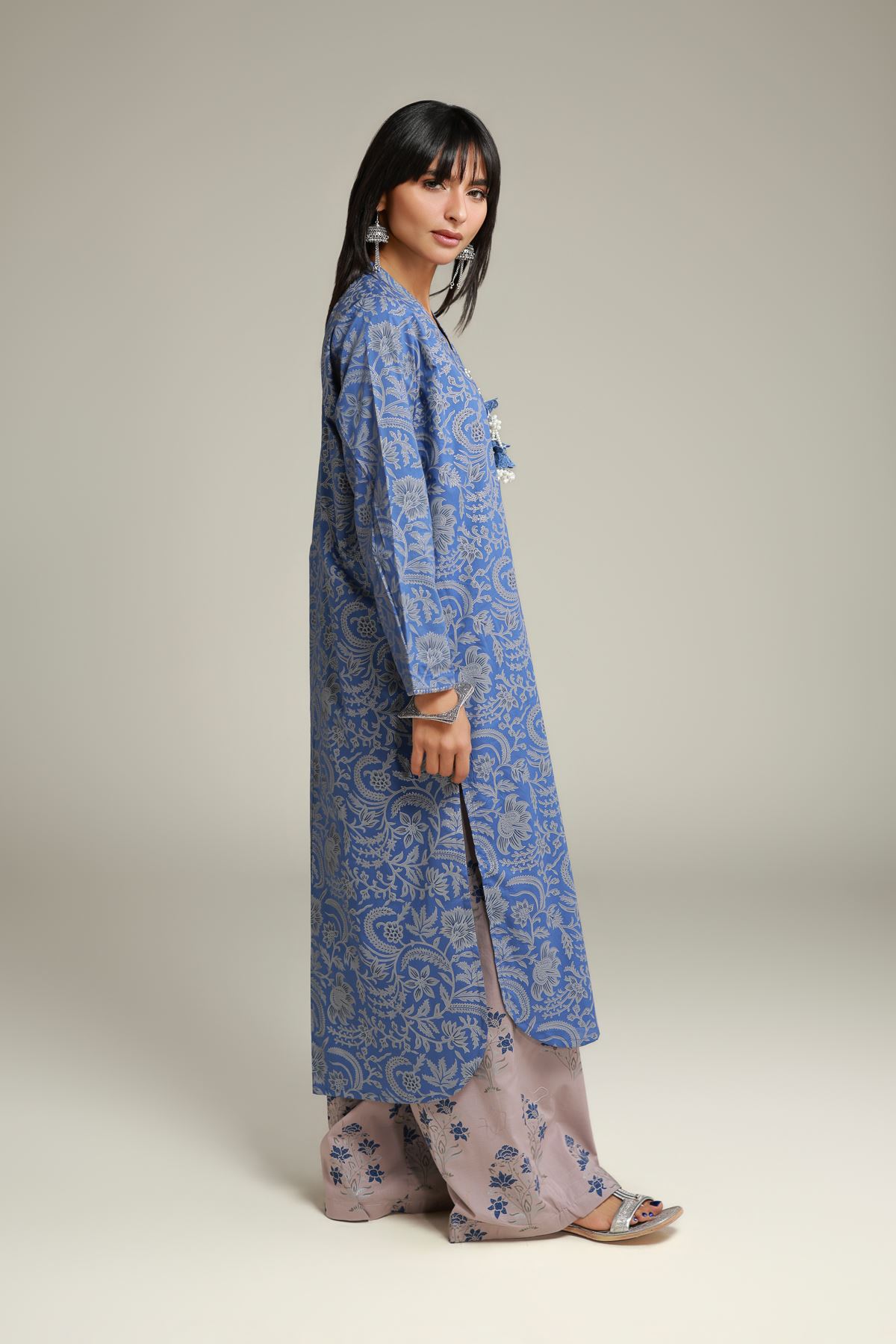 Printed Cambric Floral Longline Kurta - 26-02-1E13-06TA-VG