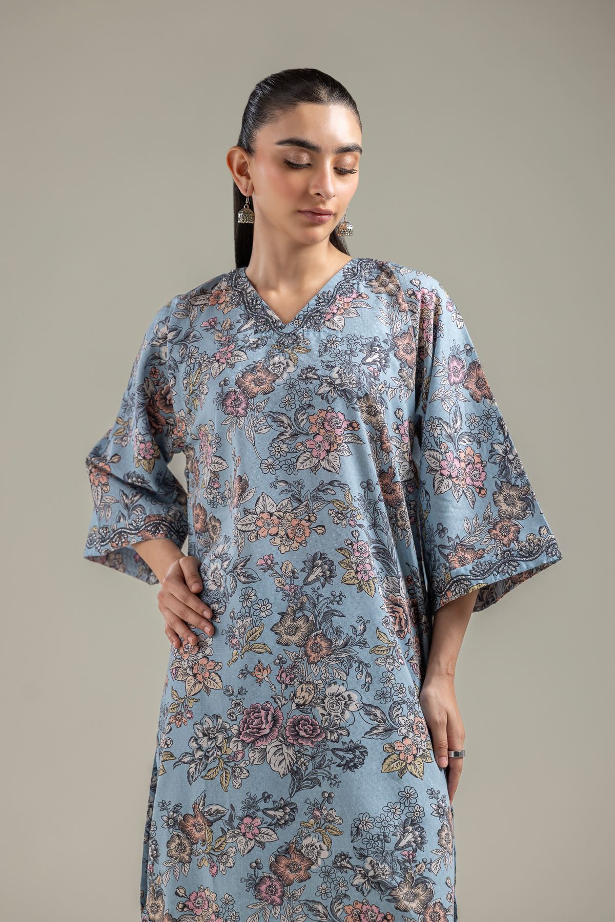 Embroidered Cotton Dobby Blue Longline Kurta - 2-26-107-A-F-VG