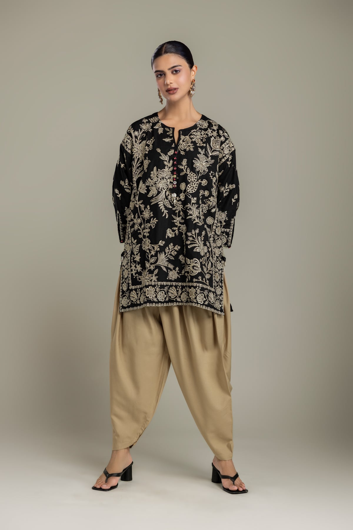 Embroidered Raw Silk Black Floral Kurta - 2-26-202-A-D-VG