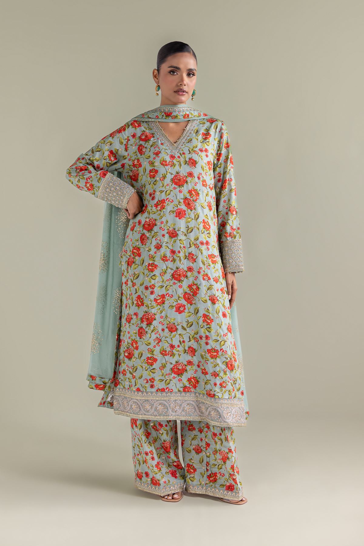 Embroidered Chiffon Floral 3-piece Set - 1-26-143-A-F-VG
