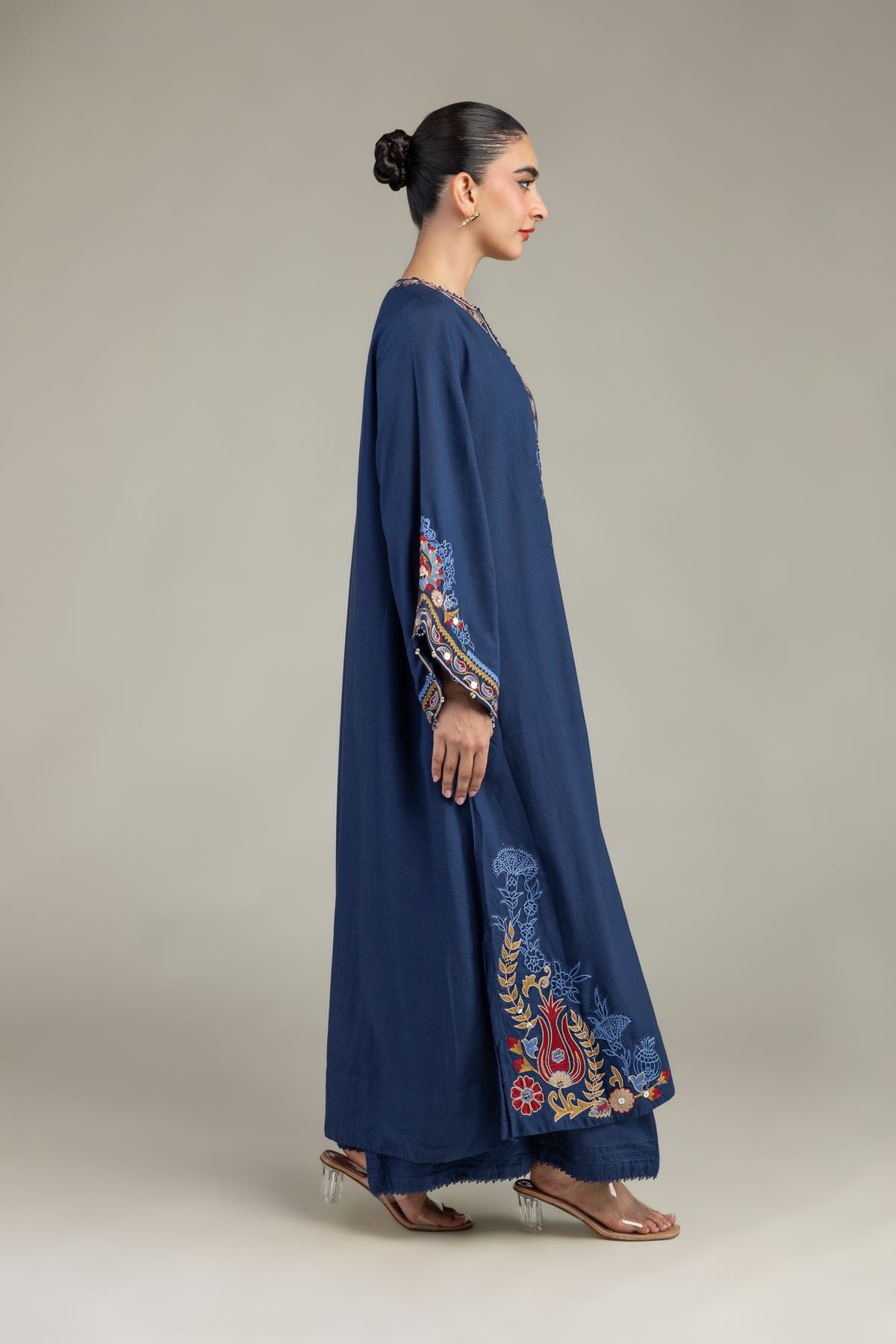 Embroidered Raw Silk Silk Navy Pants - 2-26-208-A-E1-VG