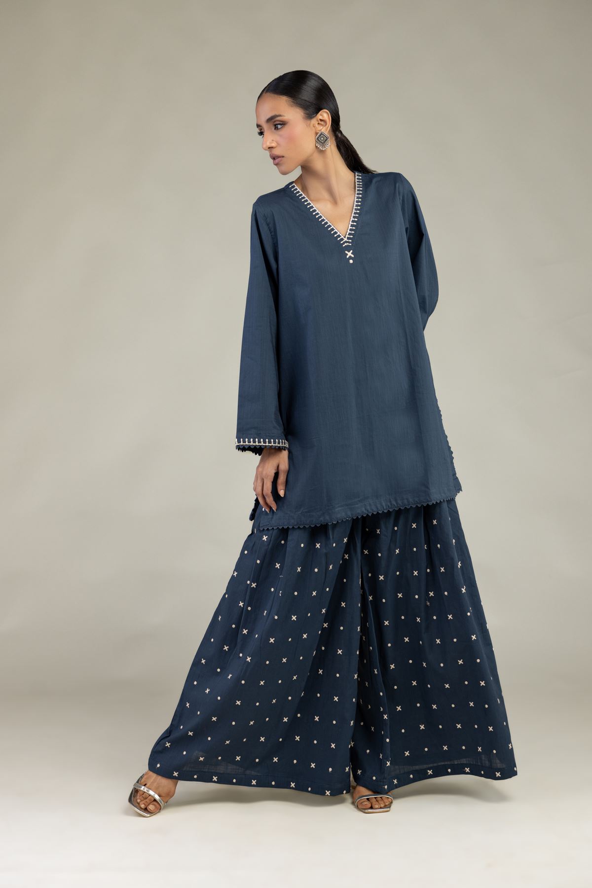 Textured Cotton Embroidered Navy Cotton Pants - 1-26-226-A-I1-VG
