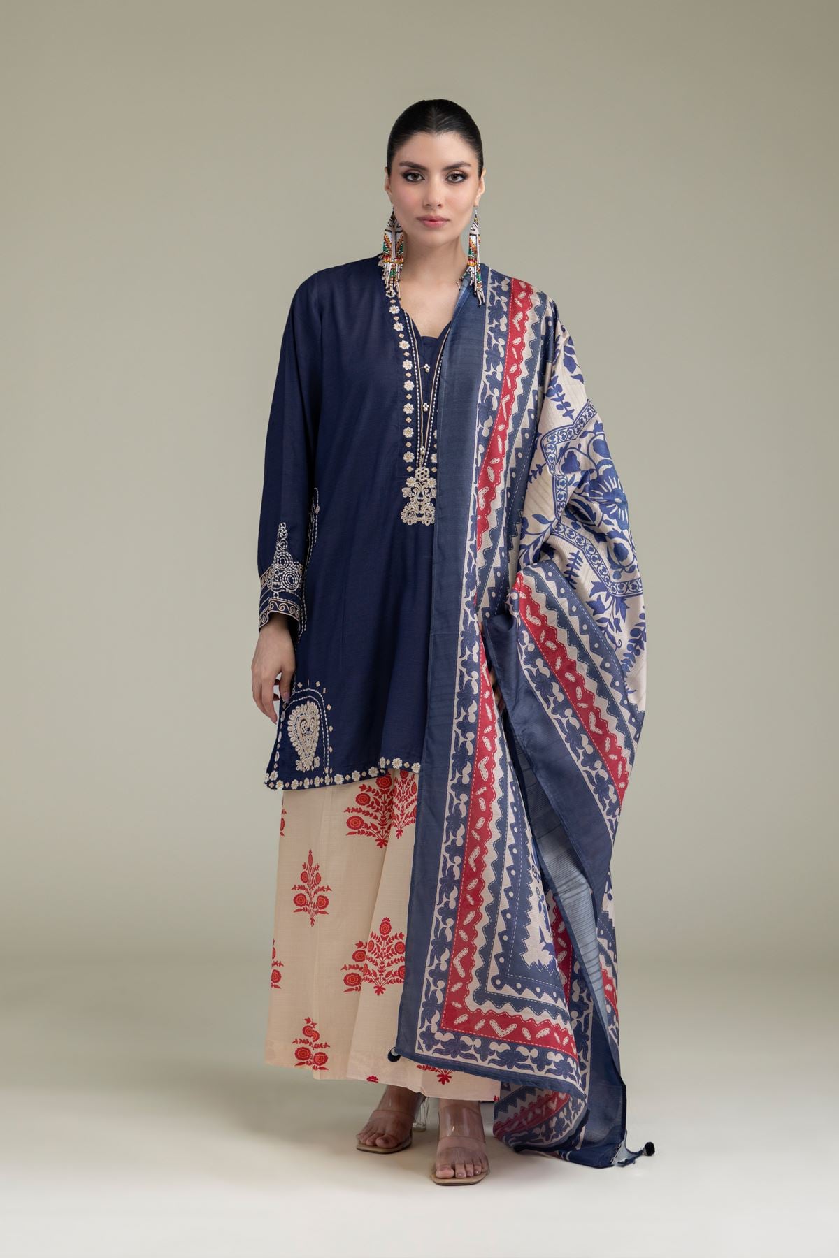 Embroidered Raw Silk Beige Silk Pants - 2-26-204-A-D1-VG