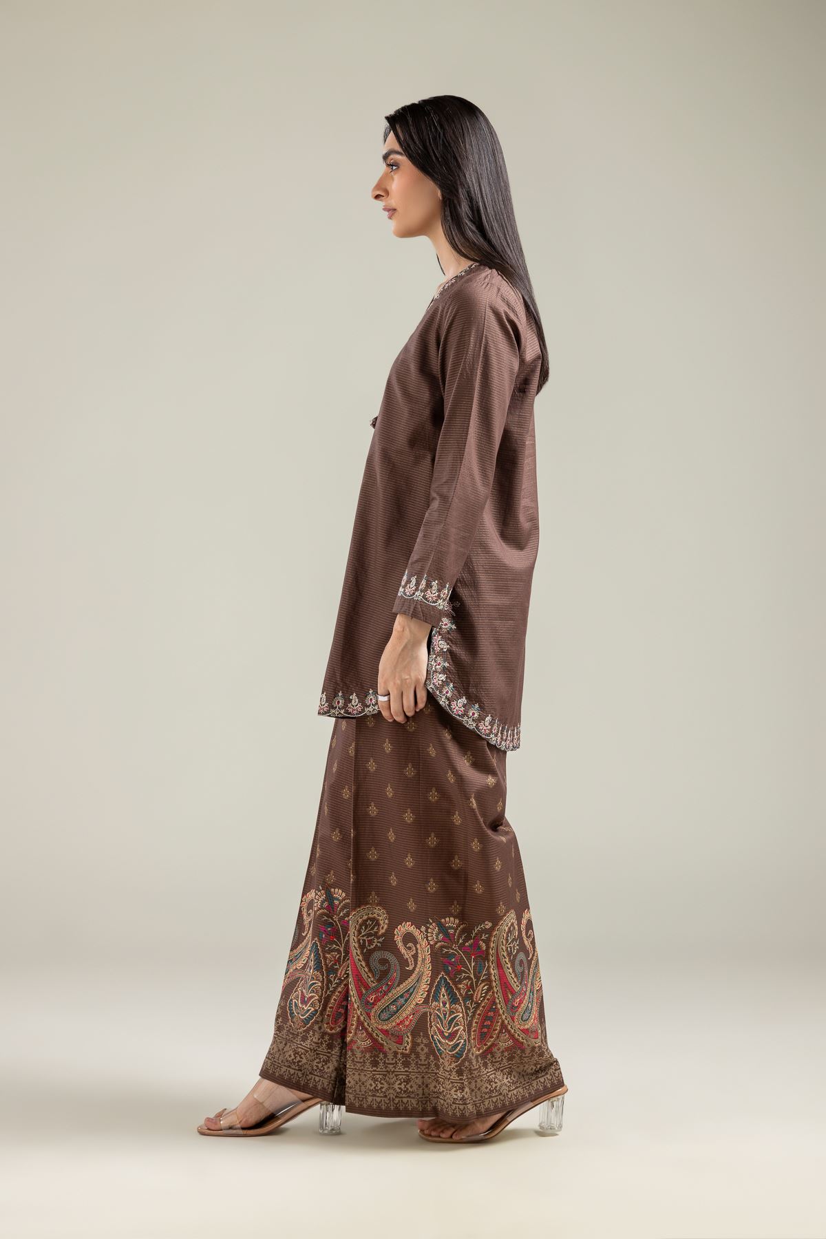 Embroidered Mesuri Brown Mesuri Pants - 1-26-142-A-C-VG