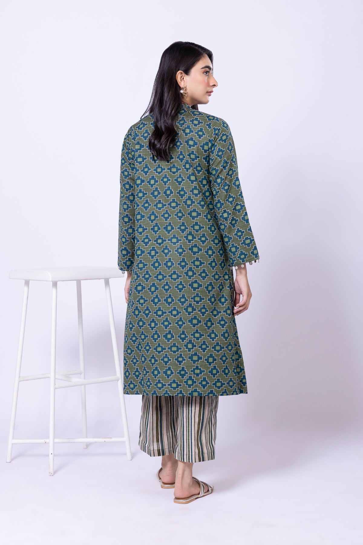 Printed Khaddar V-Neck Geometric Kurta - 25-02E23-04TB-VG