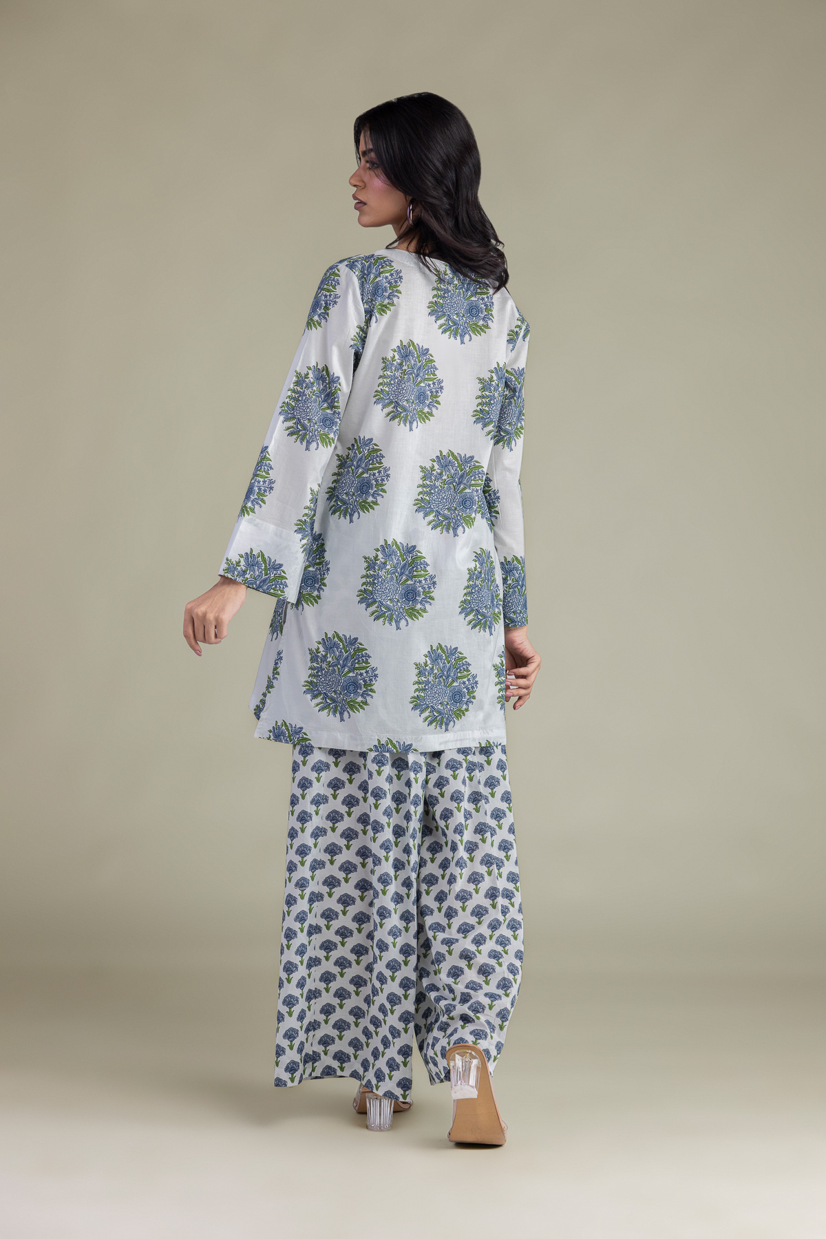 Printed Cambric Floral V-Neck Kurta - 1-26-309-B-D1-VG