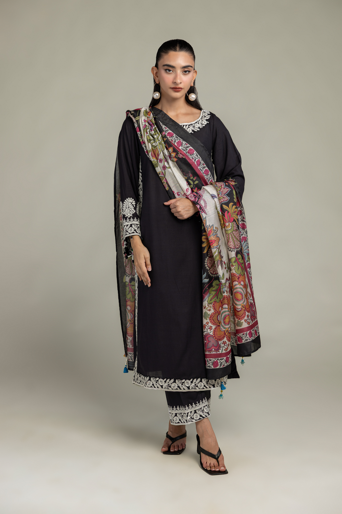 Embroidered Polyester Silk Black Silk Dupatta - 2-26-106-A-H-VG