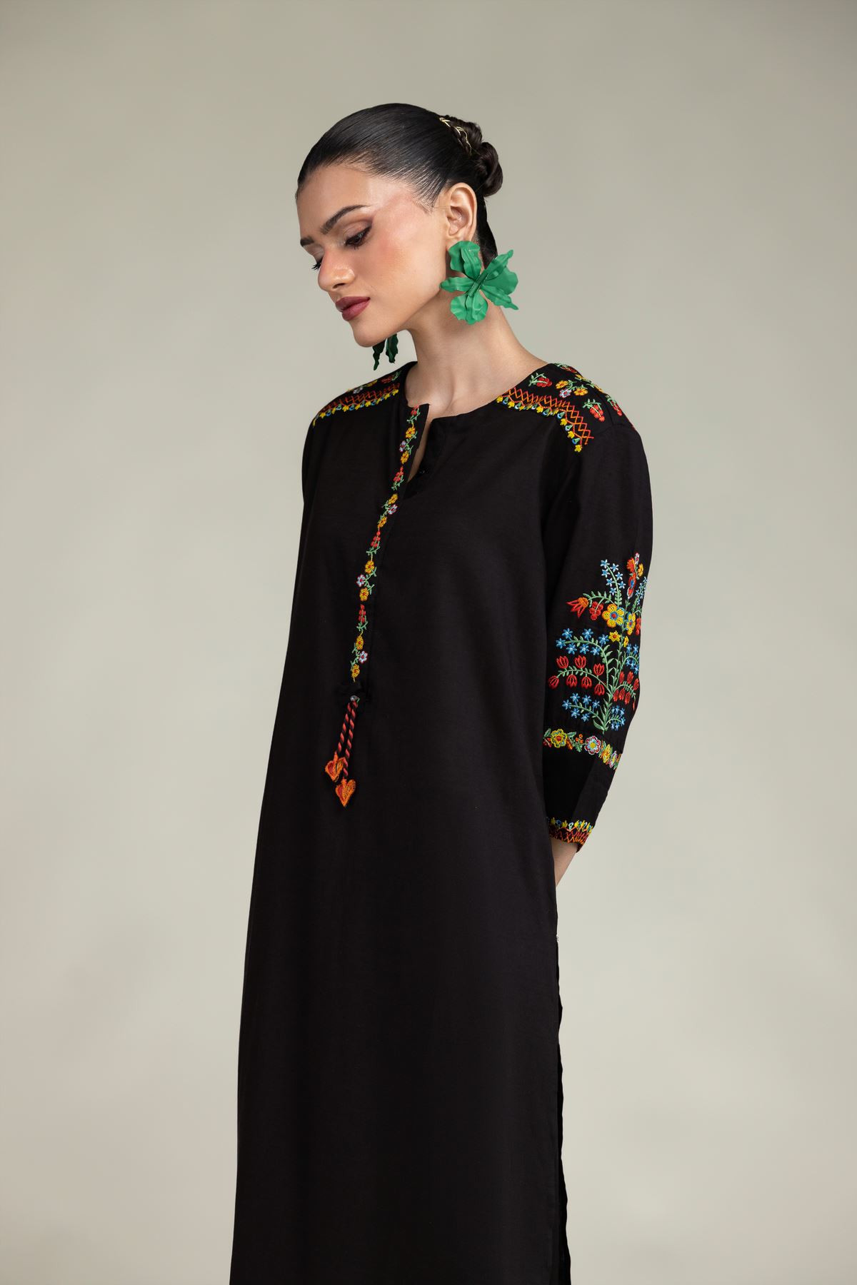 Embroidered Raw Silk Black Silk Kurta - 1-26-225-A-C1-VG
