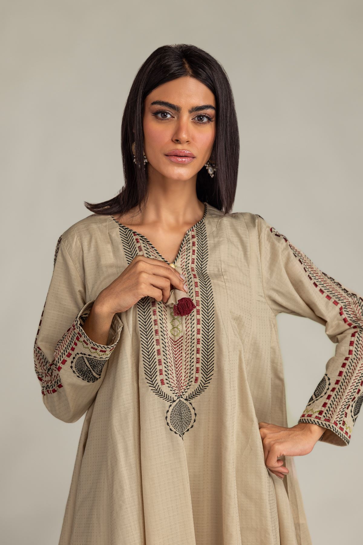 Embroidered Cotton Dobby Beige Cotton Kurta - 1-26-250-B-H1-VG