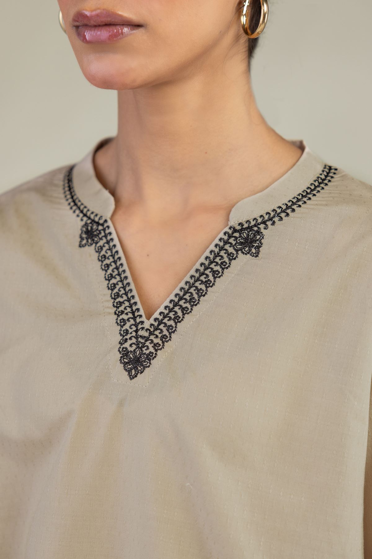 Embroidered Cotton Dobby Beige V-Neck Kurta - 1-26-245-A-J1-VG