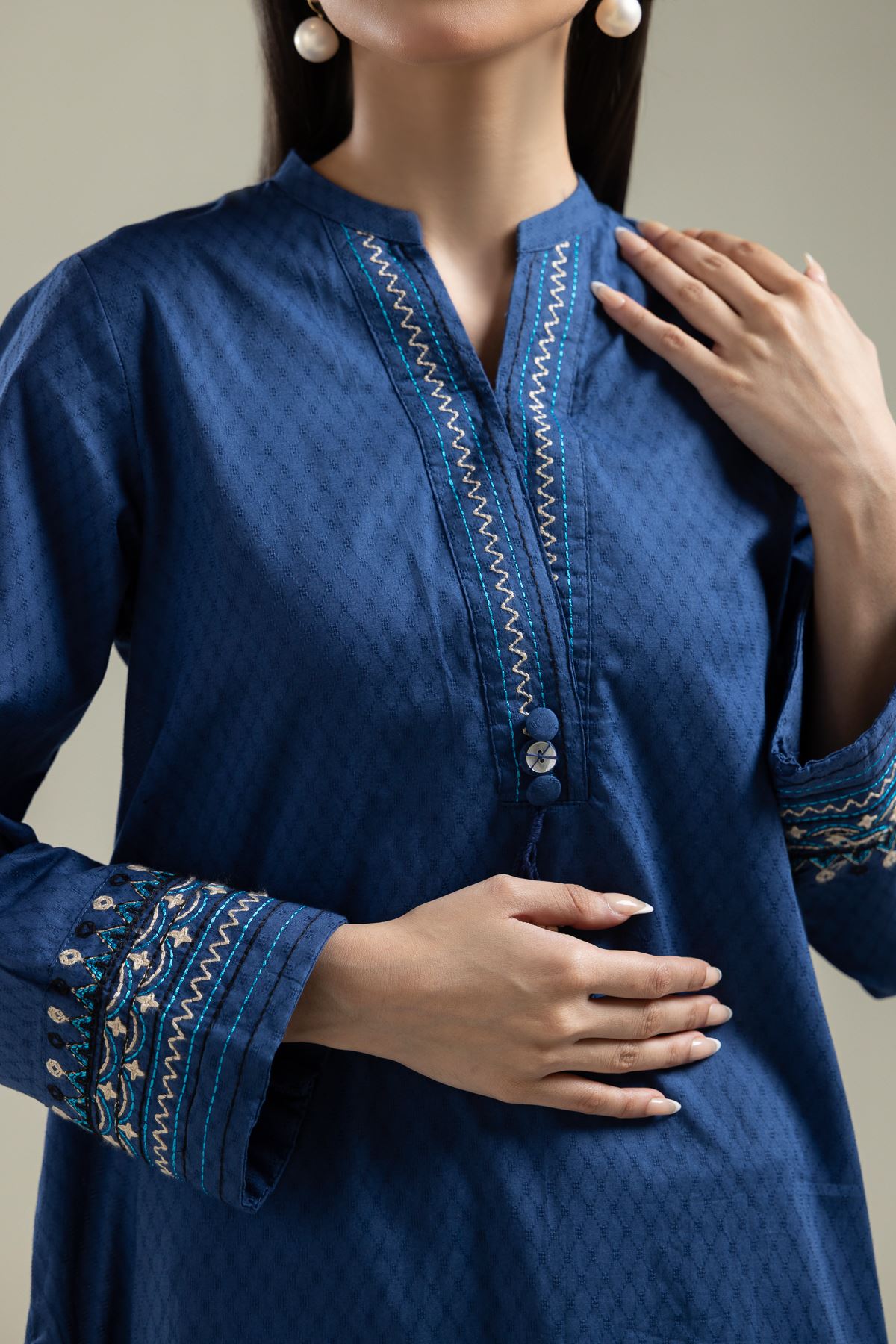Embroidered Cotton Dobby Blue Longline Kurta - 1-26-204-A-A1-VG