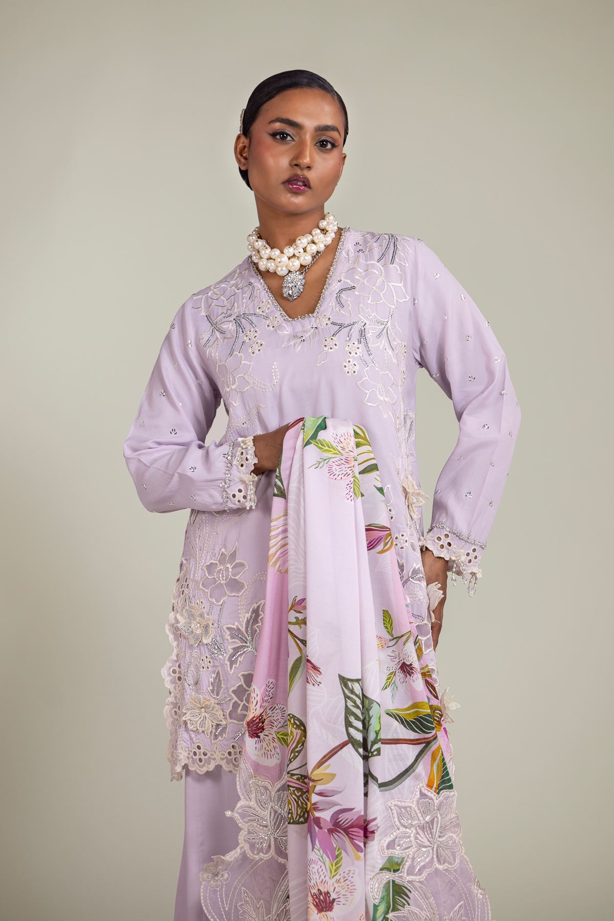 Raw Silk 3-Piece Embroidered Suit - 25-09-10E2-07TB-VG