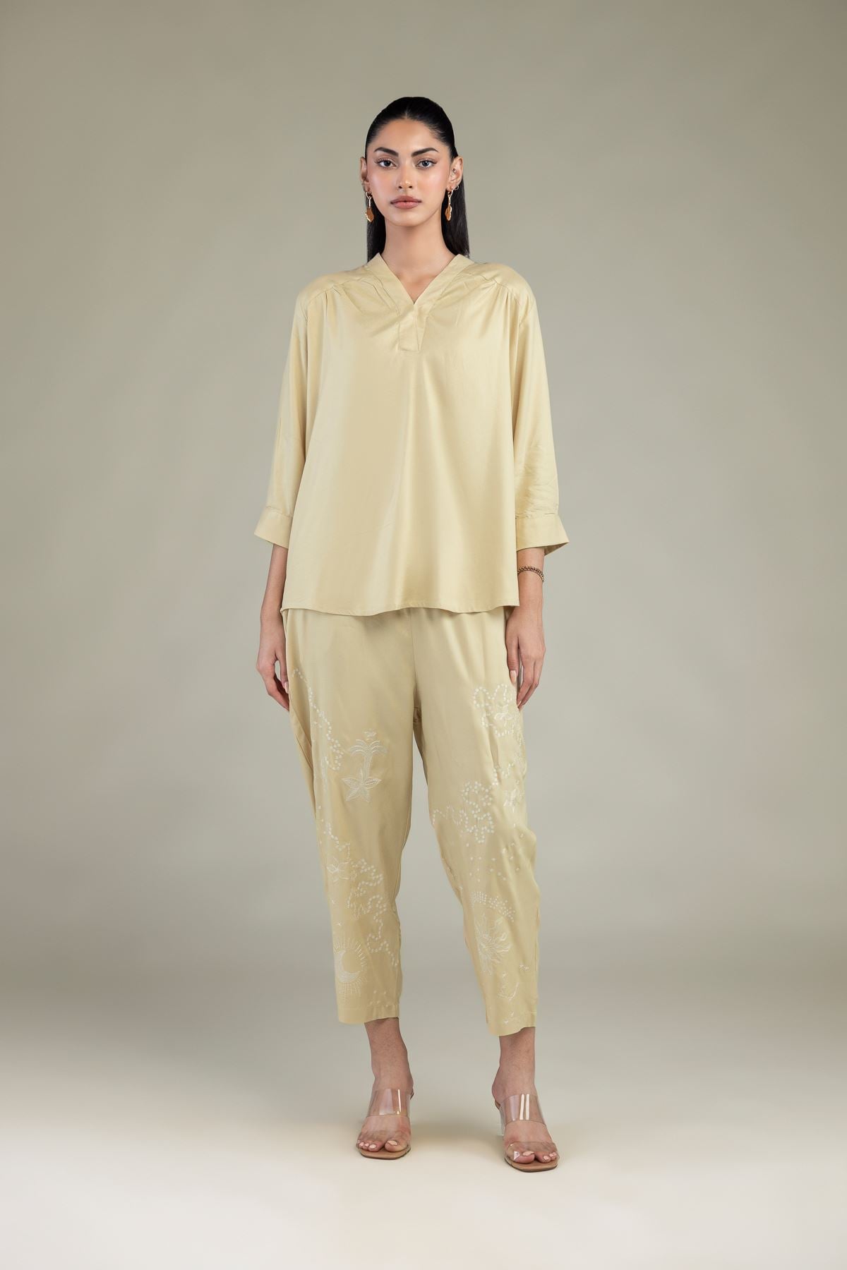 Embroidered Viscose Crepe Viscose Beige Trousers - 14-26-302-B-C1-VG