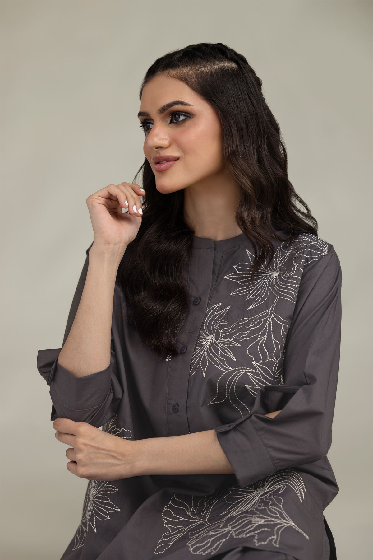 Embroidered Poplin Gray Poplin Shirt - 1-26-229-B-F1-VG
