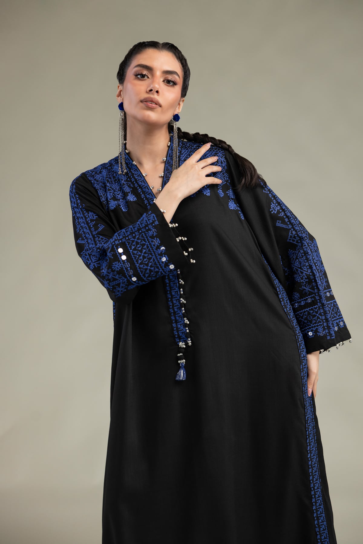 Embroidered Raw Silk V-Neck Longline Kurta - 1-26-322-B-A1-VG