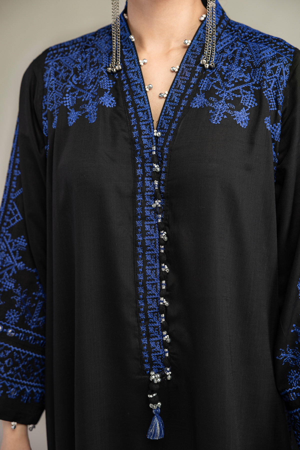 Embroidered Raw Silk V-Neck Longline Kurta - 1-26-322-B-A1-VG