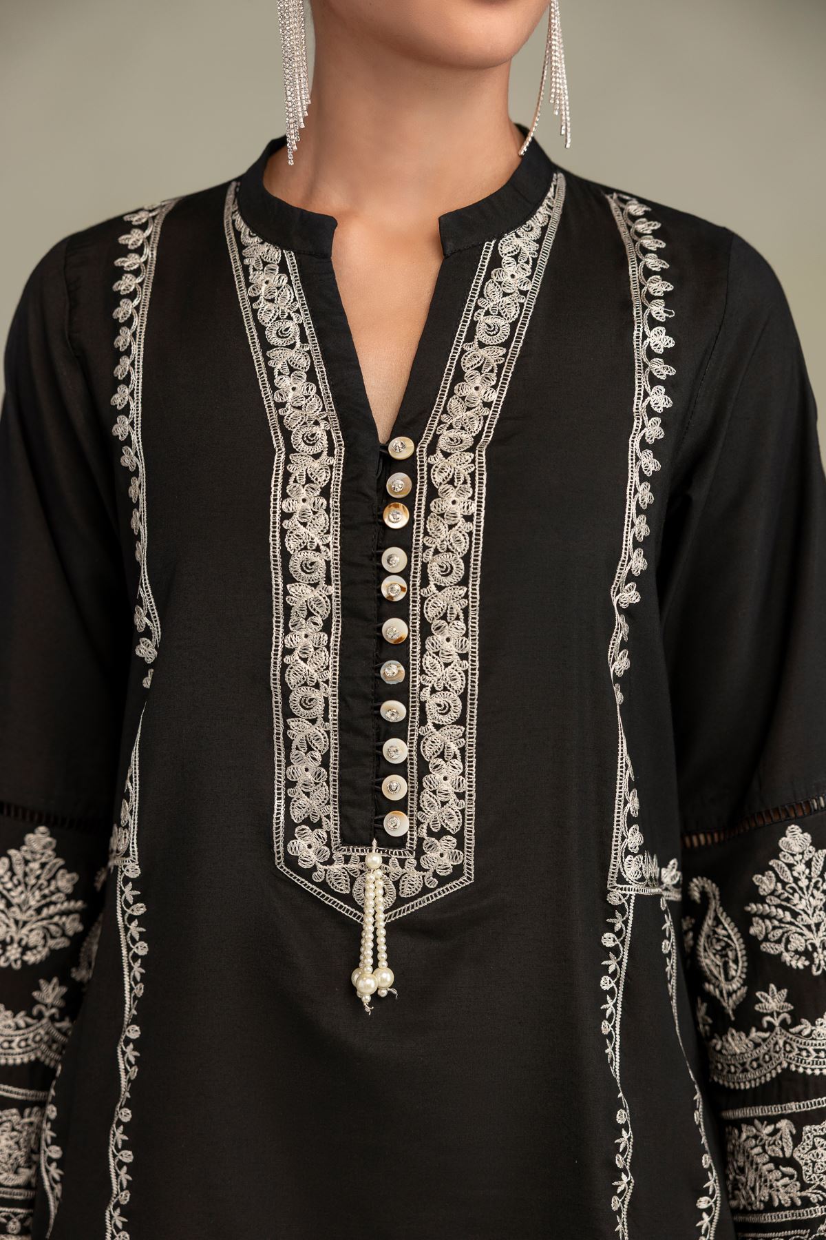 Printed Raw Silk Long Black Kurta - 1-26-244-A-D1-VG