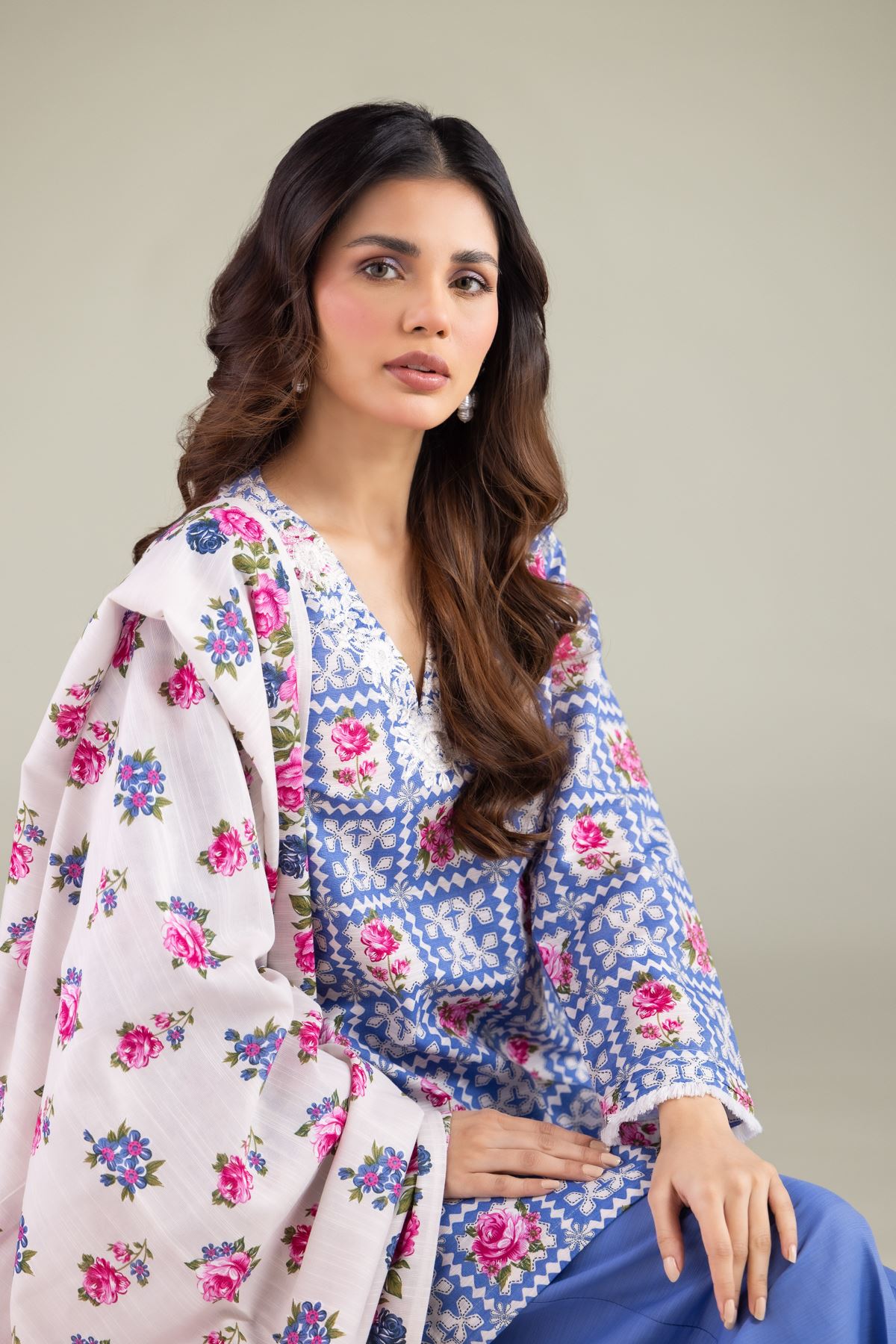 Embroidered Textured Cotton Summer Floral Dupatta - 1-26-115-C-D-VG
