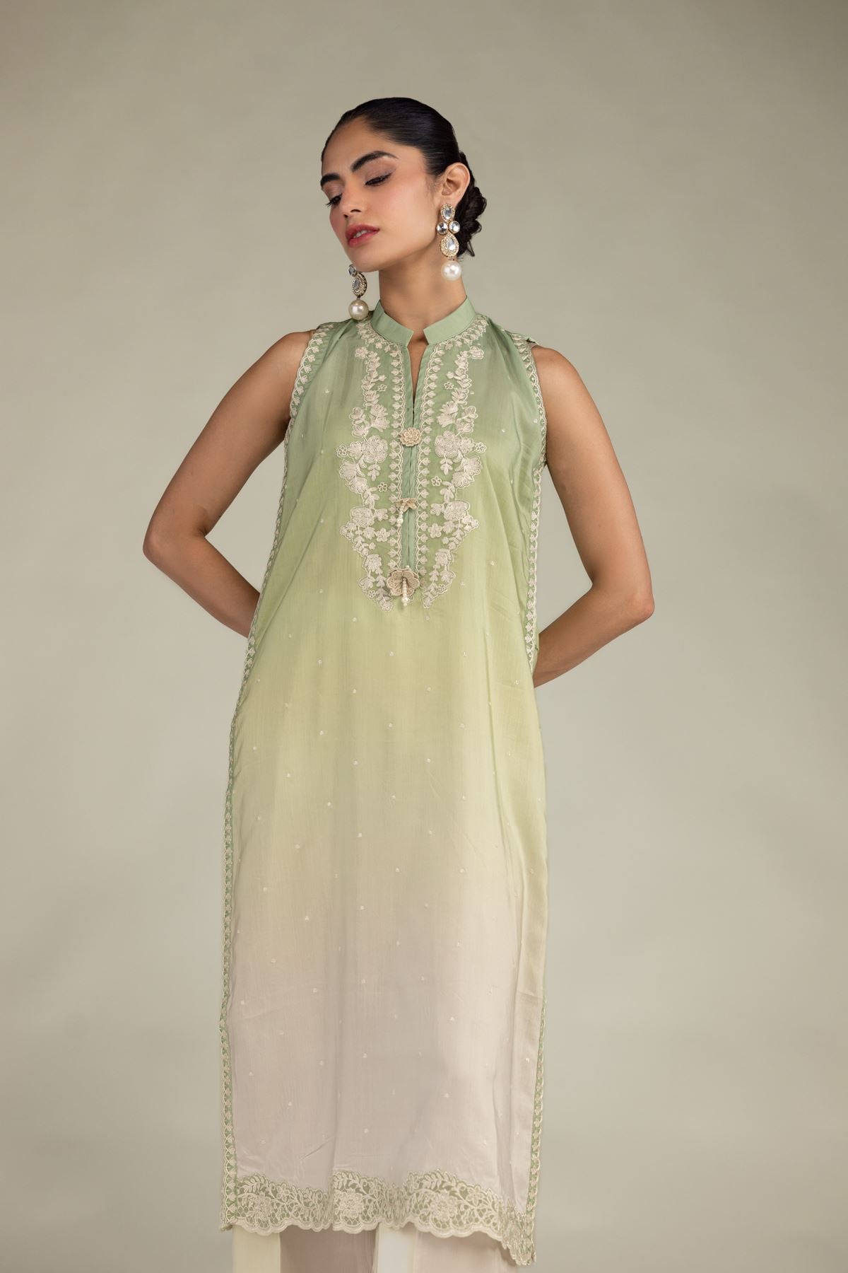 Embroidered Blended Viscose Sleeveless Floral Kurta - 1-26-229-B-F1-VG
