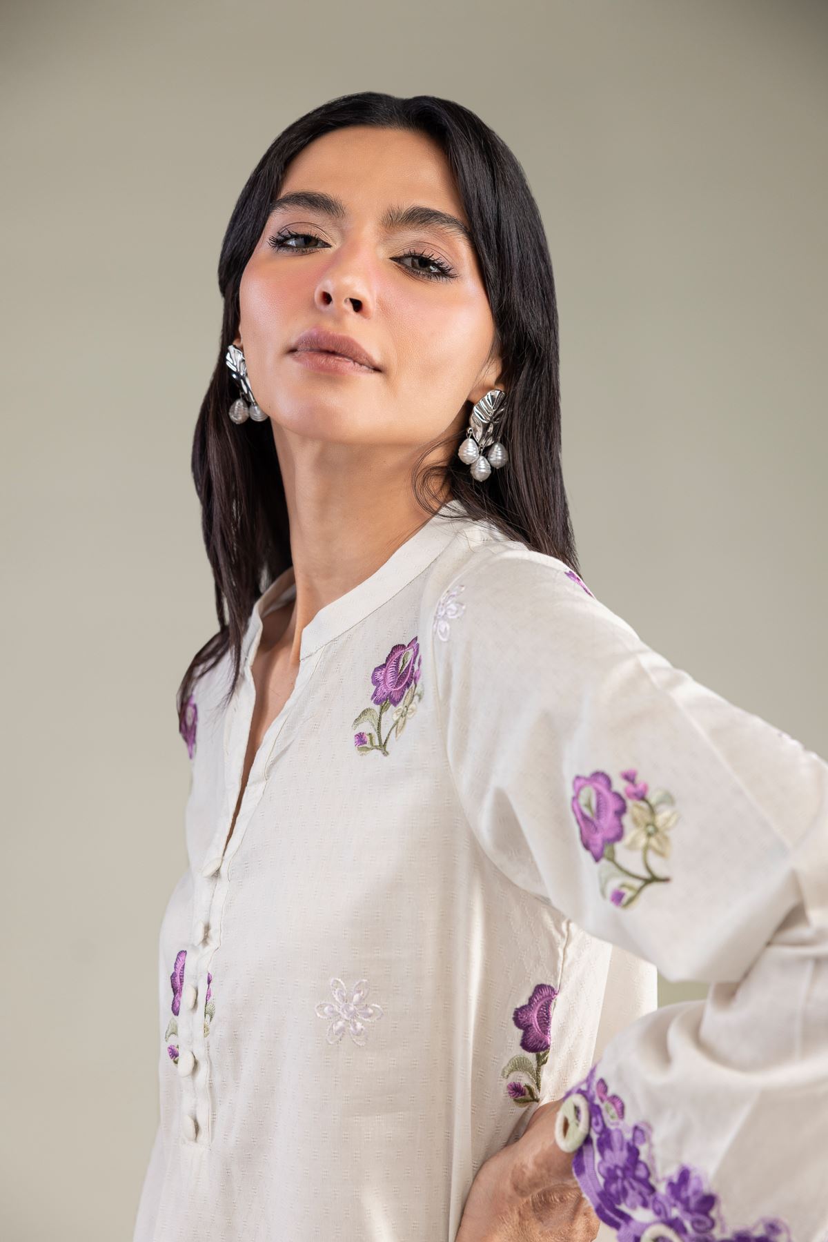 Embroidered Cotton Dobby Floral V-Neck Kurta - 1-26-322-B-A1-VG