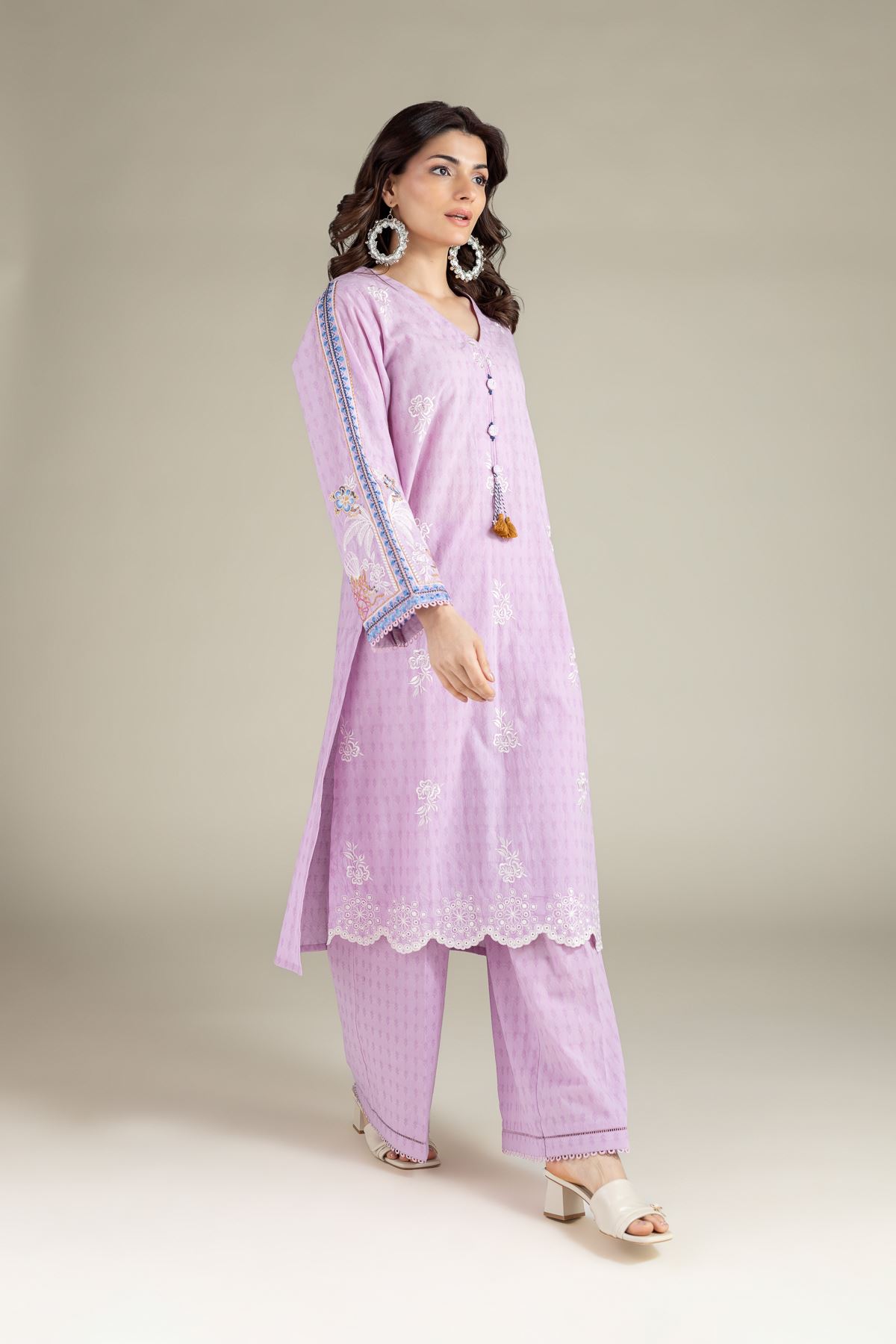 Embroidered Cotton Dobby Lavendar Tailored Set - T-A22-26-123FF2-VG