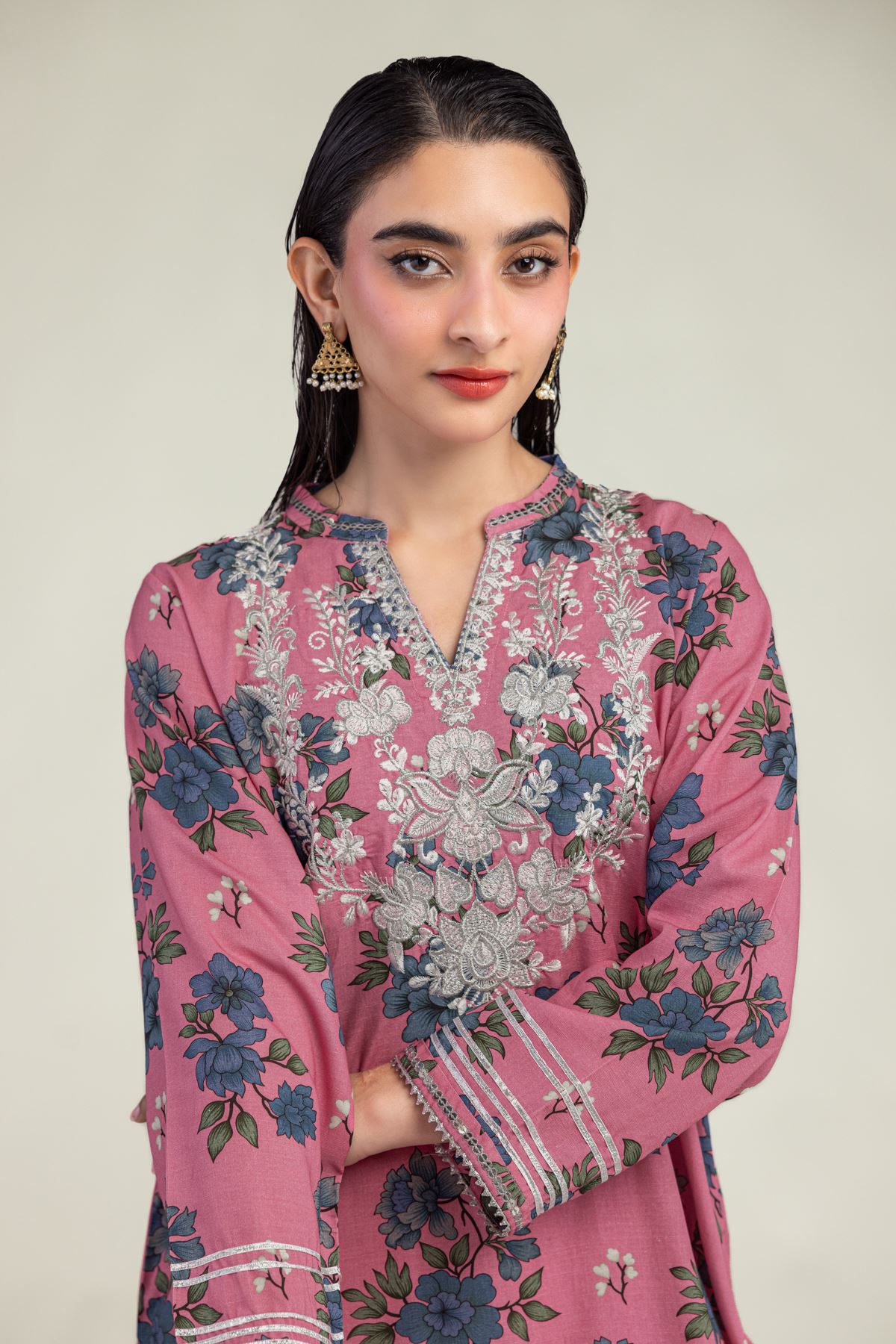 Embroidered Raw Silk Floral V-Neck Kurta - 1-26-325-B-G2-VG