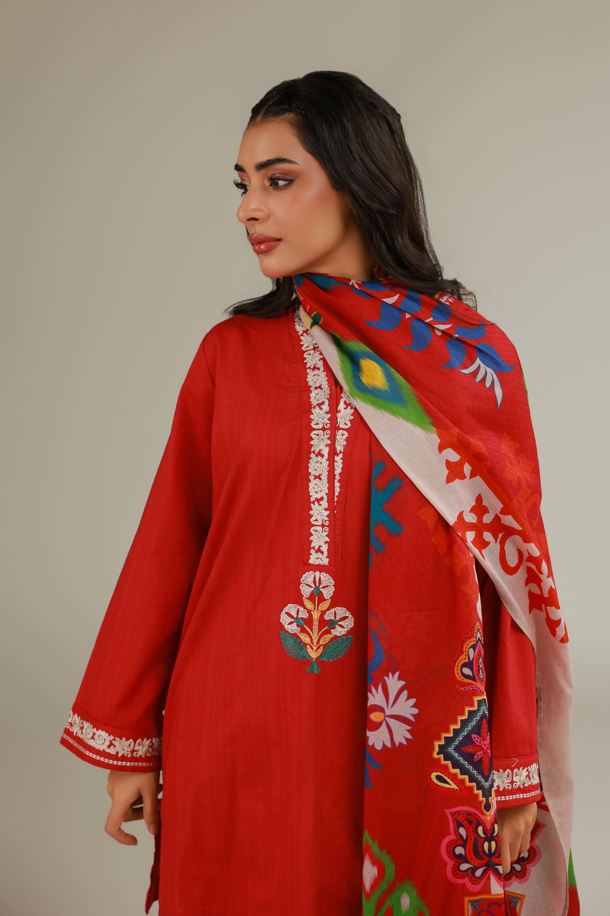Embroidered Cotton Dobby Red Floral Kurta - 1-26-113-A-B-VG