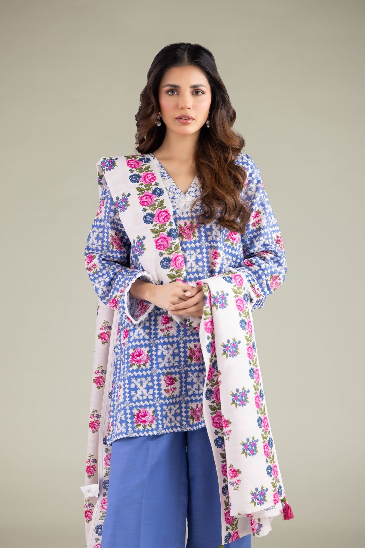 Embroidered Textured Cotton Geometric V-Neck Kurta - 1-26-108-A-F-VG