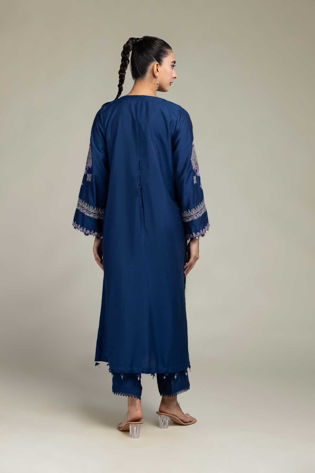 Embroidered Raw Silk Navy Longline Kurta - 1-26-249-A-J2-VG