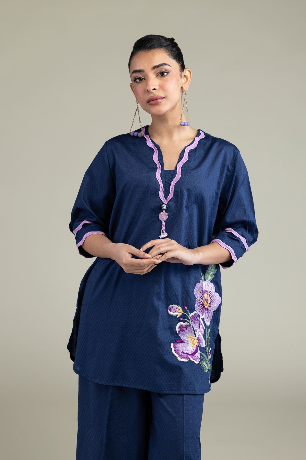 Embroidered Cotton Dobby Floral V-Neck Kurta - 1-26-247-A-G1-VG