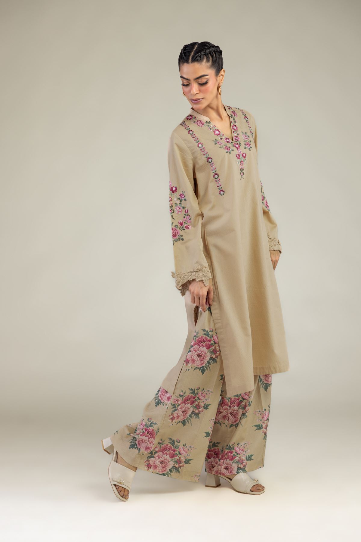 Printed Cotton Dobby Floral Beige Pants - 25-10-12E5-11TA-VG