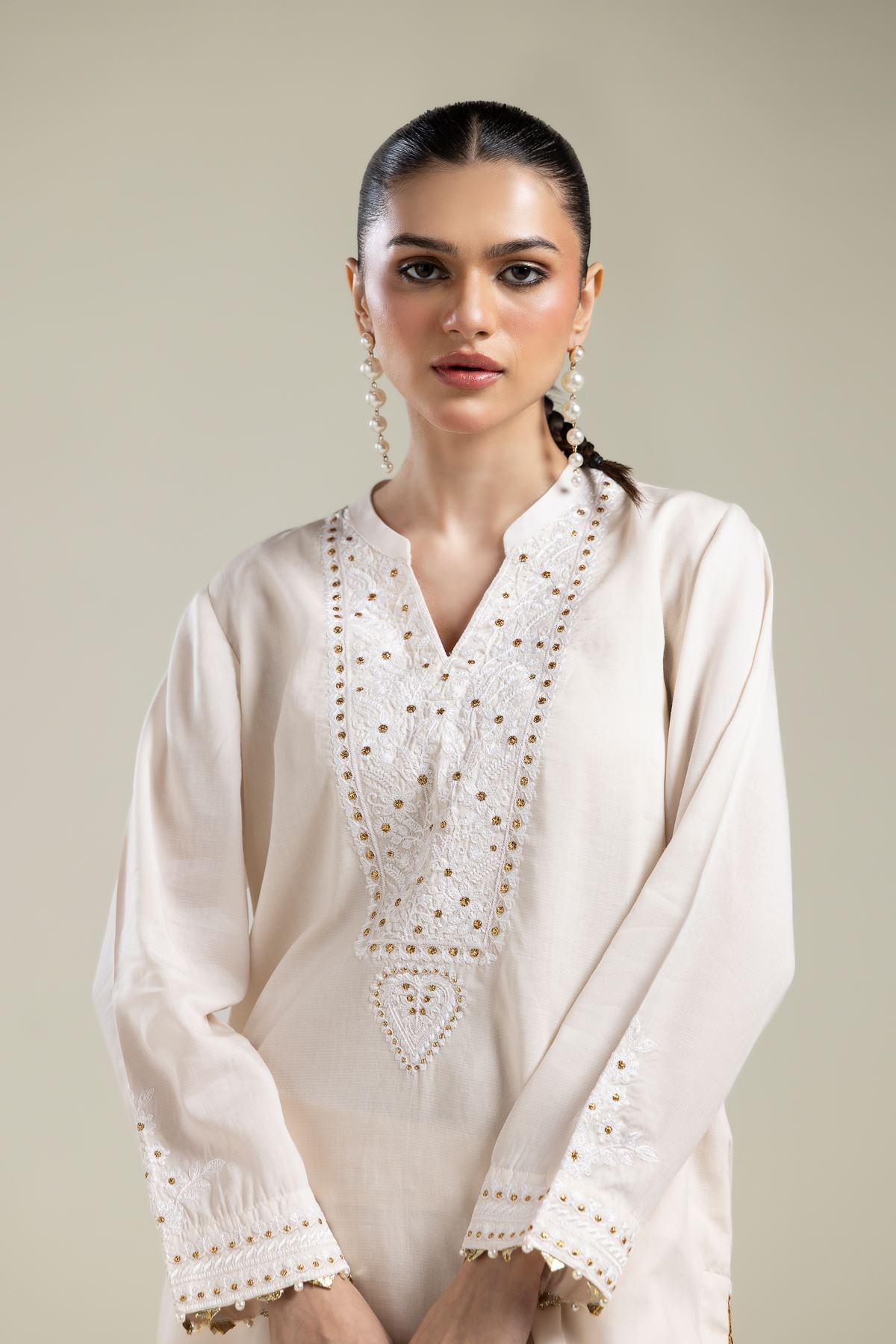 Embroidered Textured Weave Short V-Neck Kurta - 1-26-106-A-D-VG