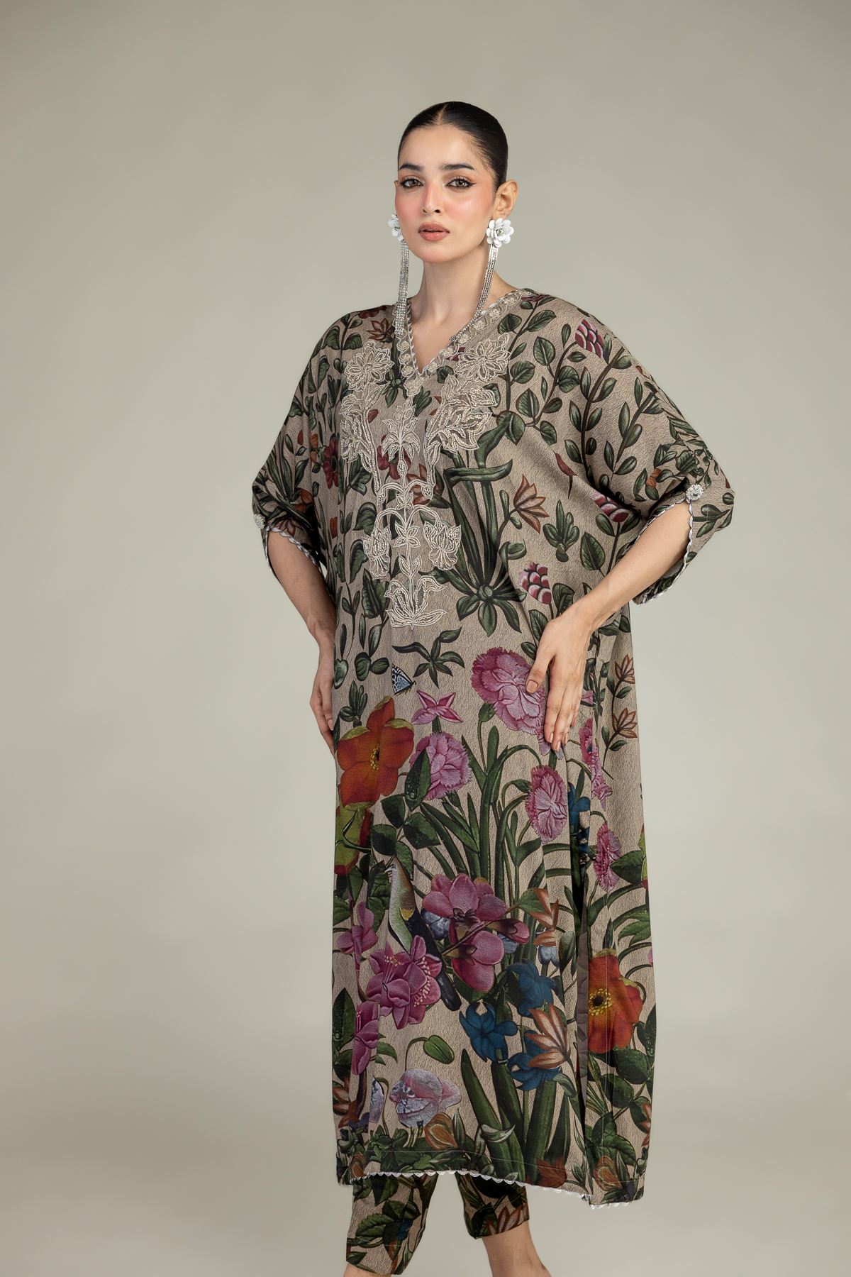 Embroidered Raw Silk Floral Long Kurta - 2-26-203-A-F1-VG