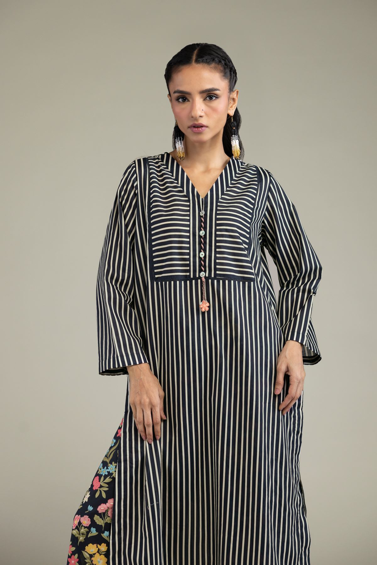 Printed Cambric V-Neck Longline Kurta - 1-26-205-A-F1-VG