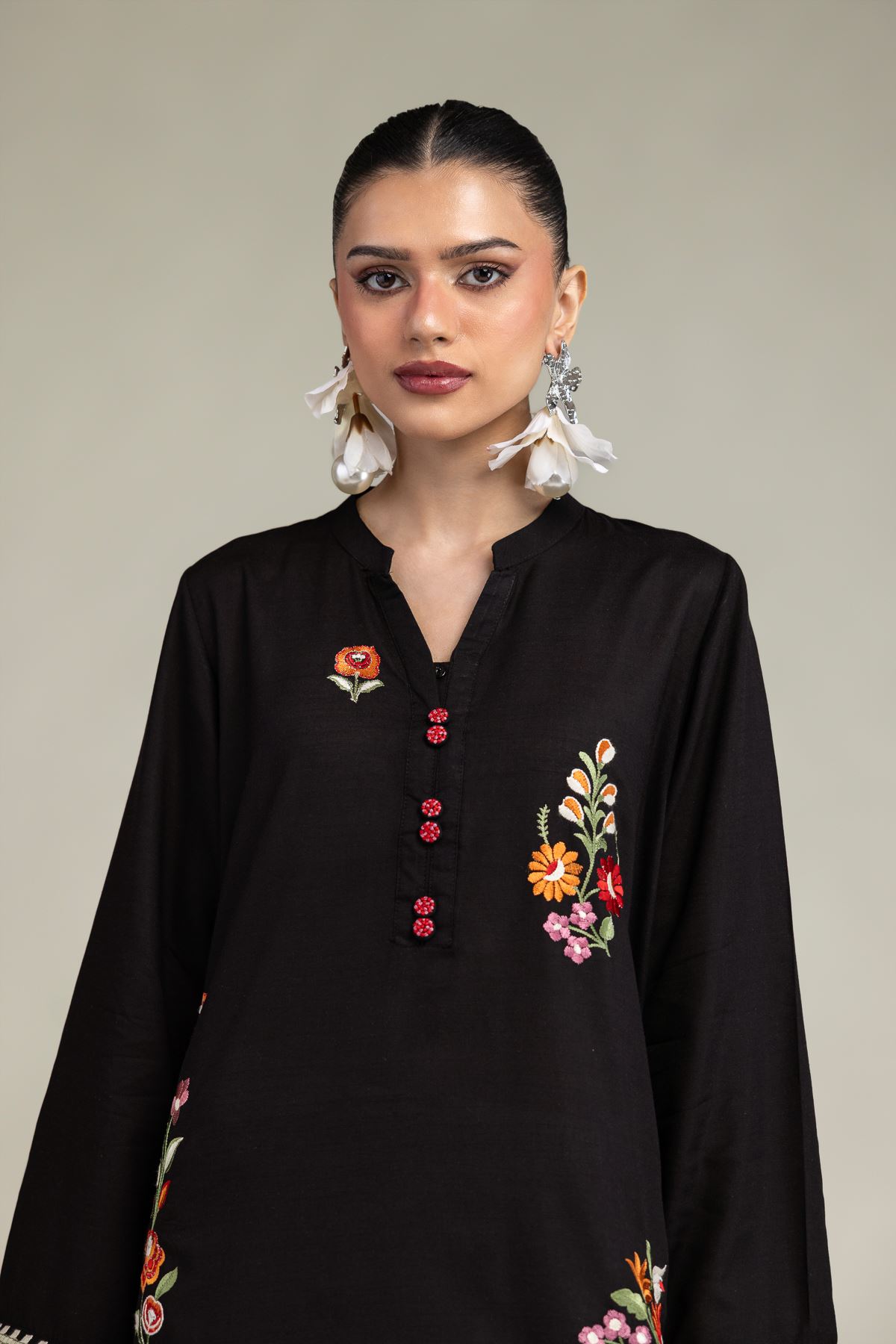 Embroidered Raw Silk Black Floral Kurta - 1-26-203-A-C1-VG