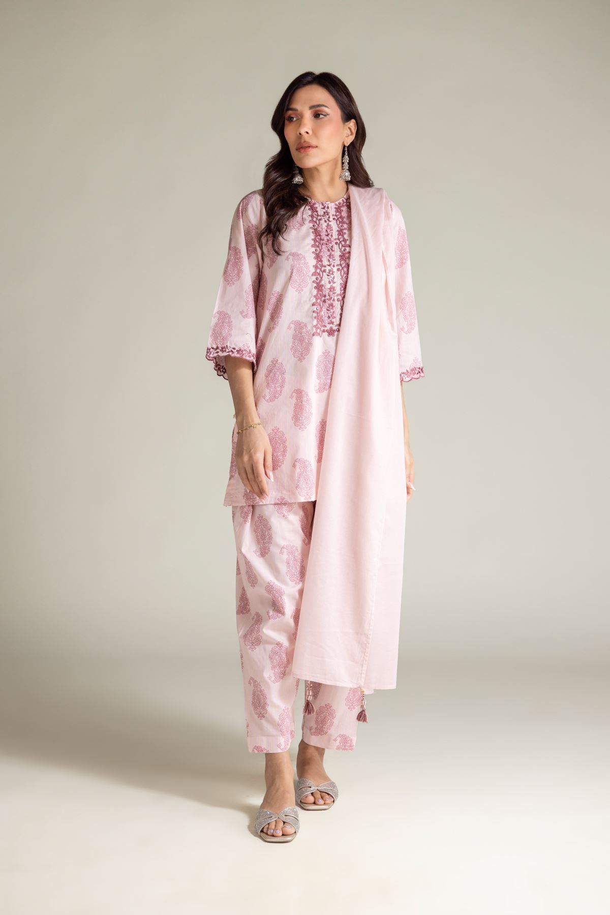 Embroidered Textured Lawn Lawn Pink Dupatta - 1-26-139-A-E-VG