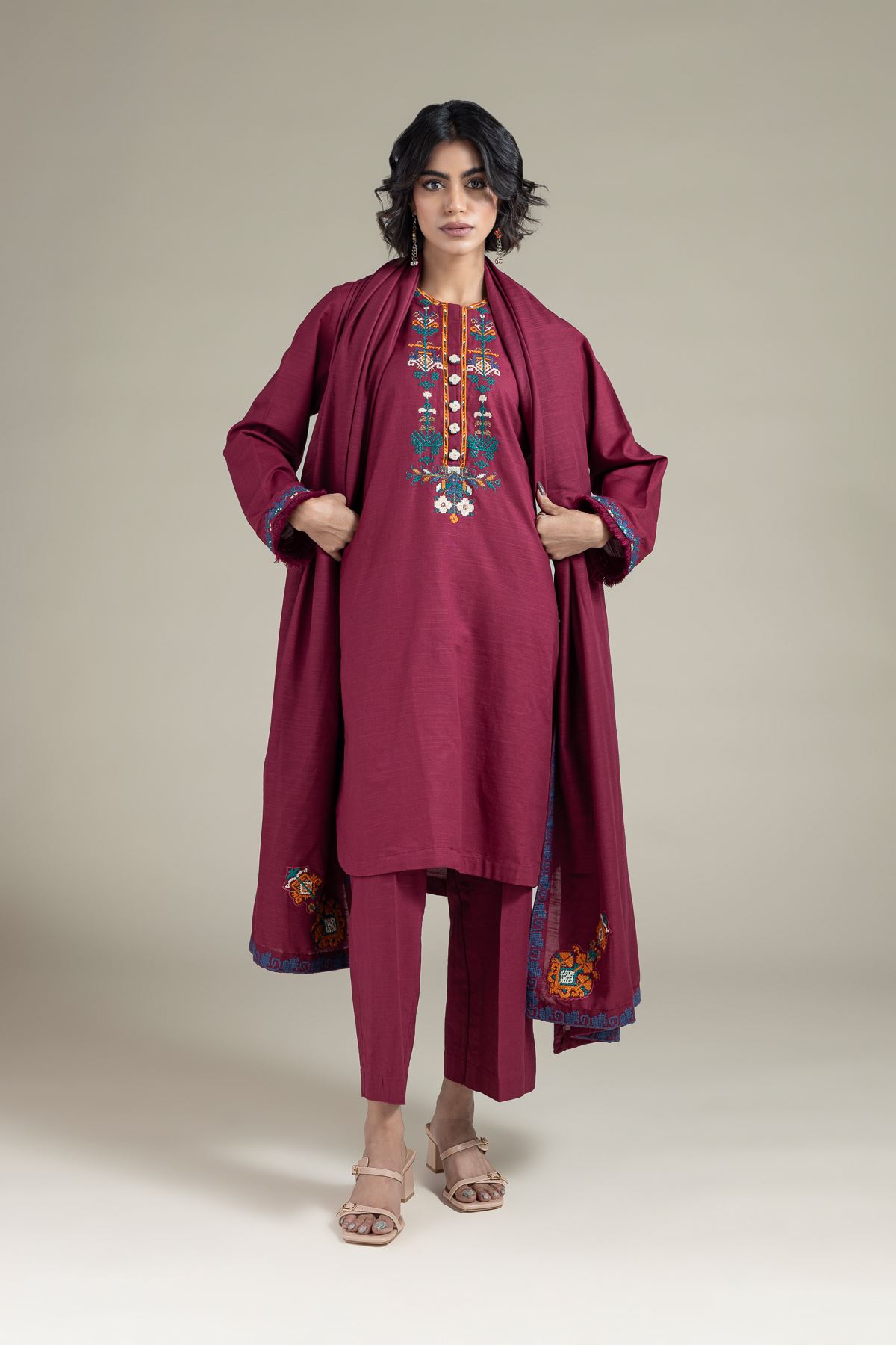 Embroidered Textured Cotton Dupatta - 25-10-10S4-02TB-VG